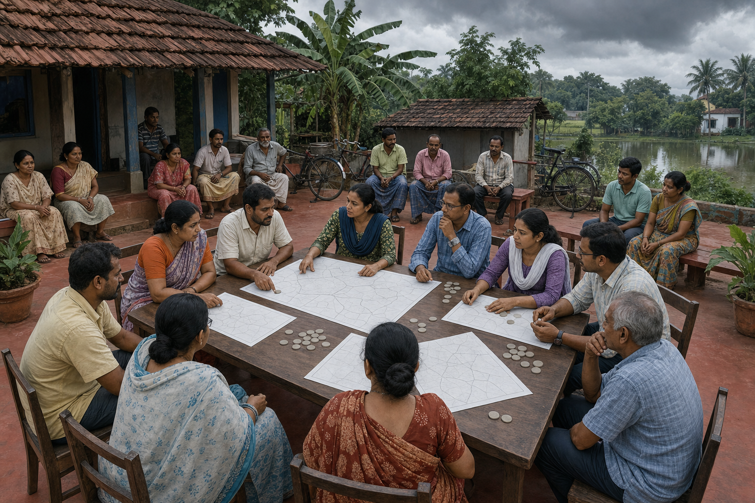 Bengali residents observe an open courtyard planning session beside bicycles, banana plants, and a village pond.