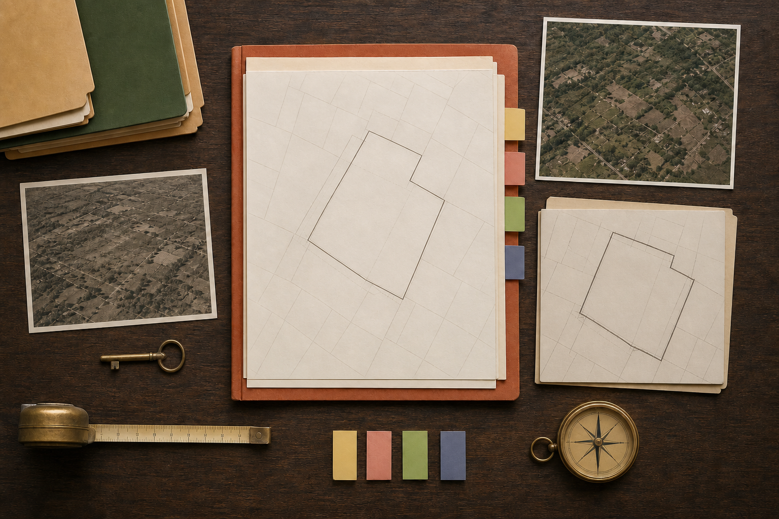 An organized temple land file combines an unmarked parcel map, aerial image, boundary sketch, archival photographs, folders, keys, and surveying tools.