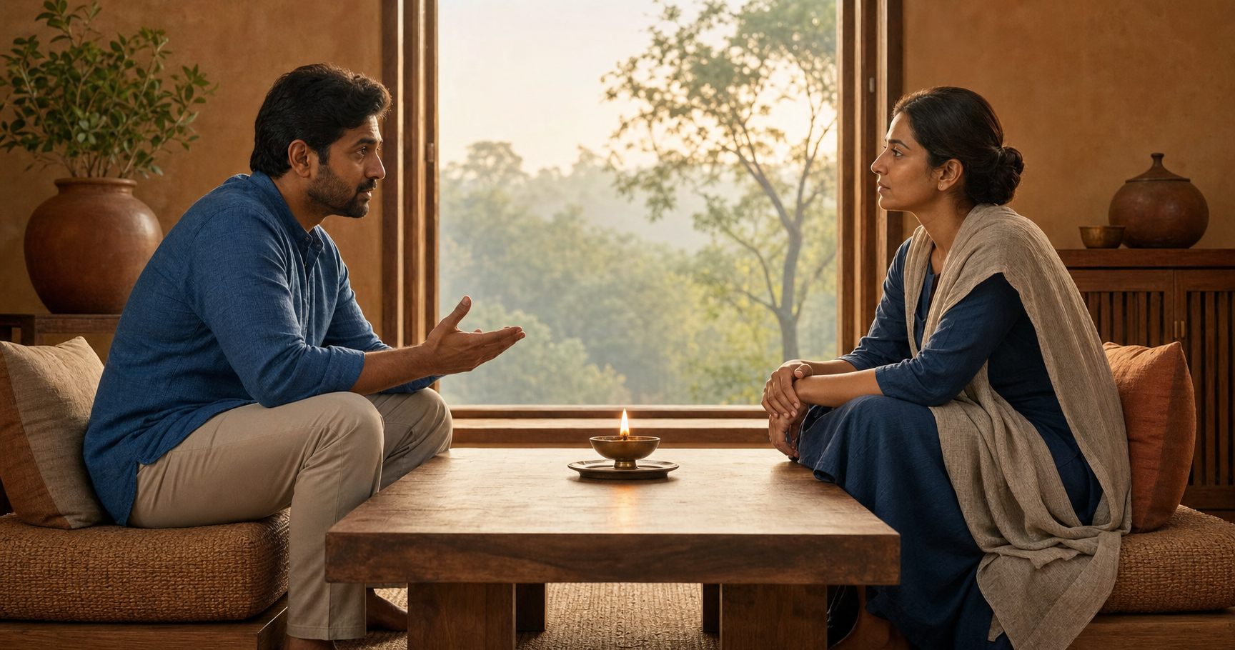 Two adults have a calm conversation across a low table with a small steady oil lamp between them.