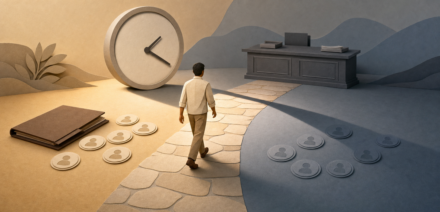 An applicant crosses a light-and-shadow threshold beneath a blank clock while application folders and tokens sit on either side.