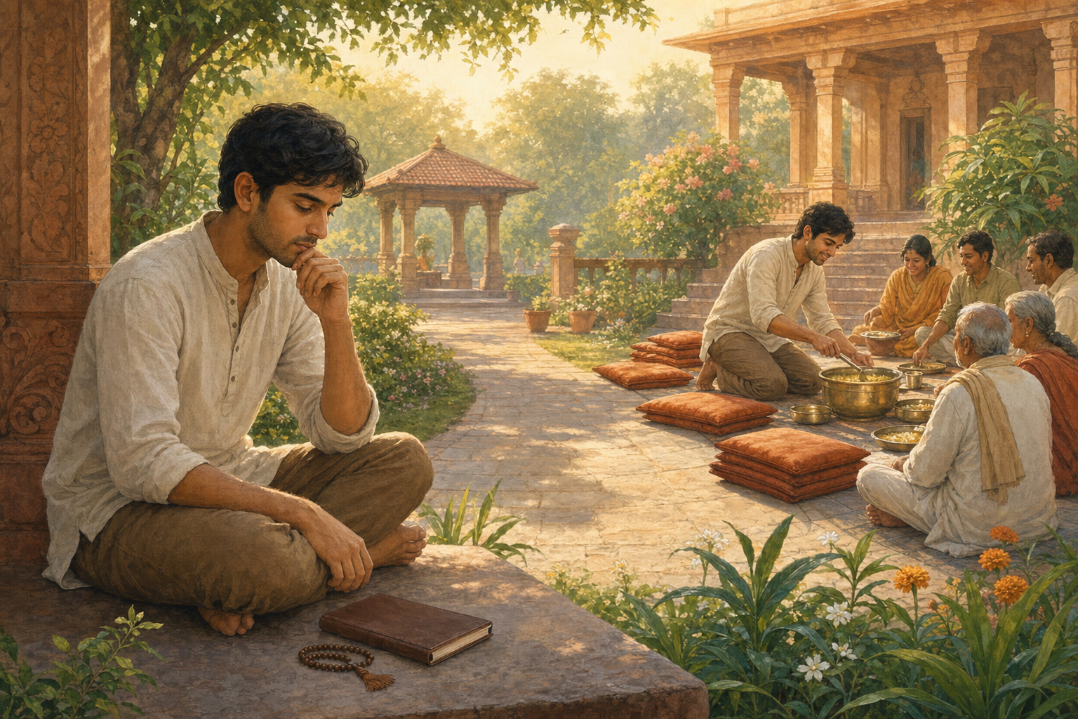 A devotee reflects beside prayer beads in a temple courtyard while a retreat path leads toward people preparing cushions and serving a communal meal.