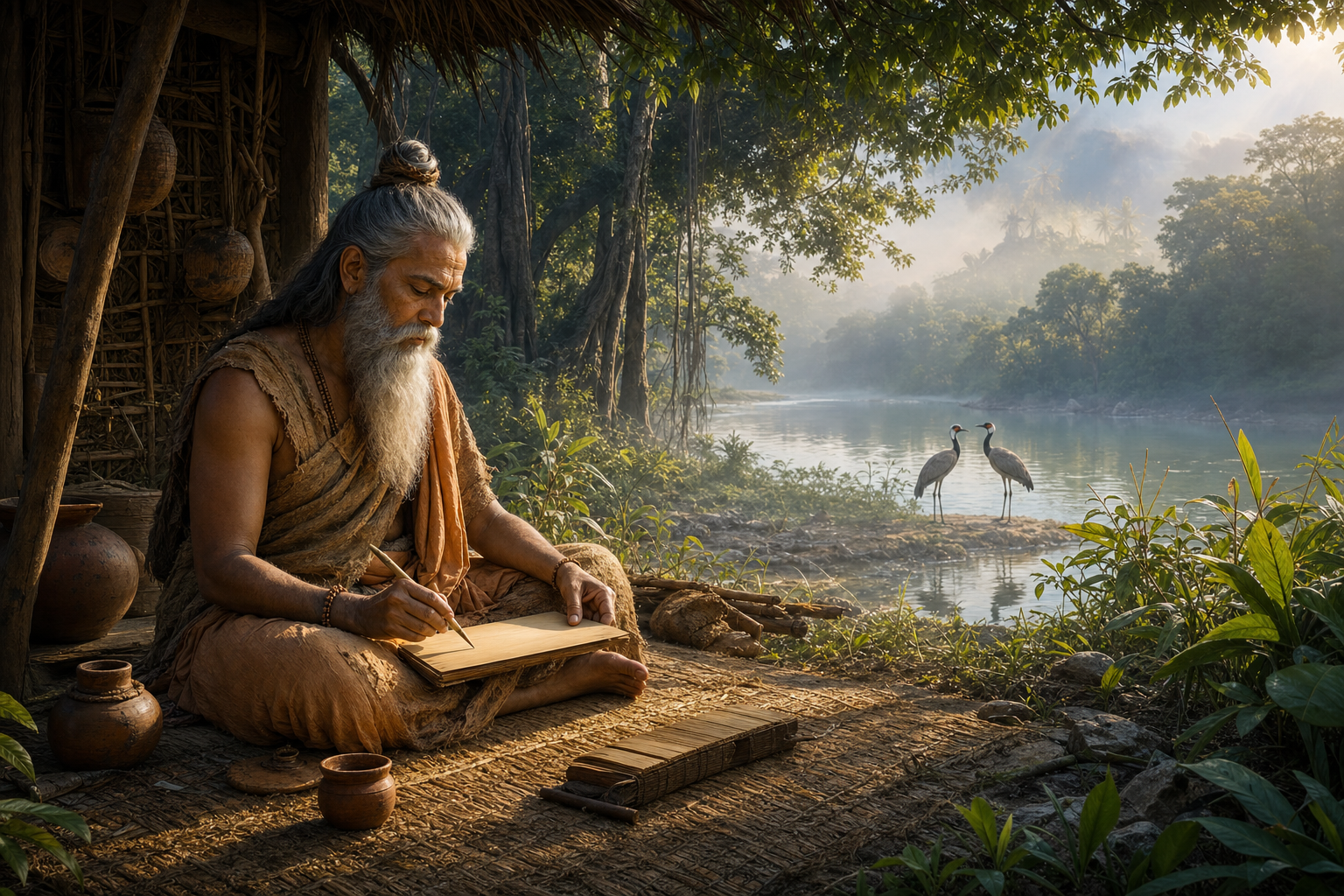 An ancient poet-sage sits with a stylus and palm leaf in a forest hermitage while two waterbirds stand beside a misty river.