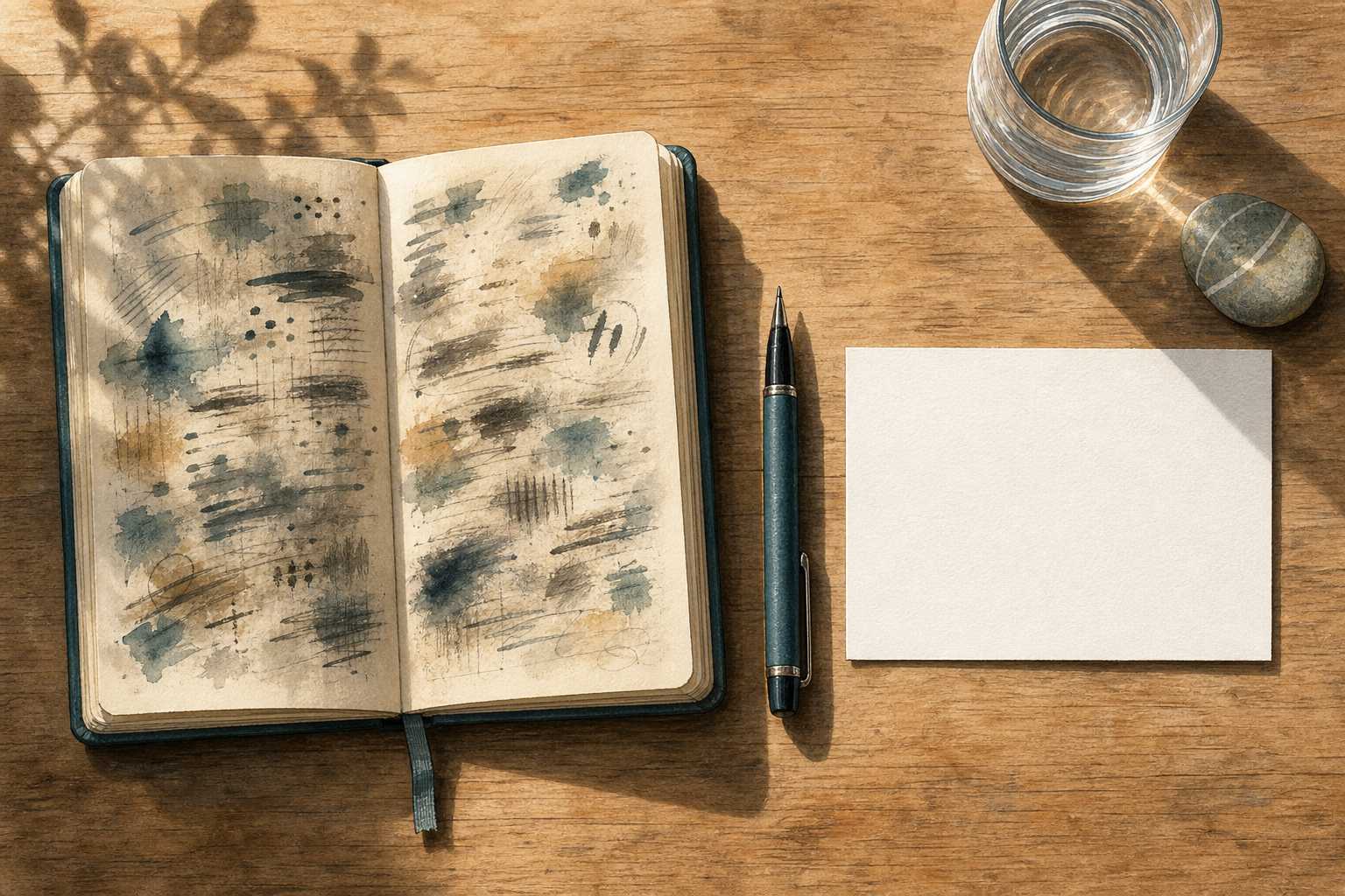 An open, densely marked notebook lies beside a small blank card on a wooden desk, with a pen between them.