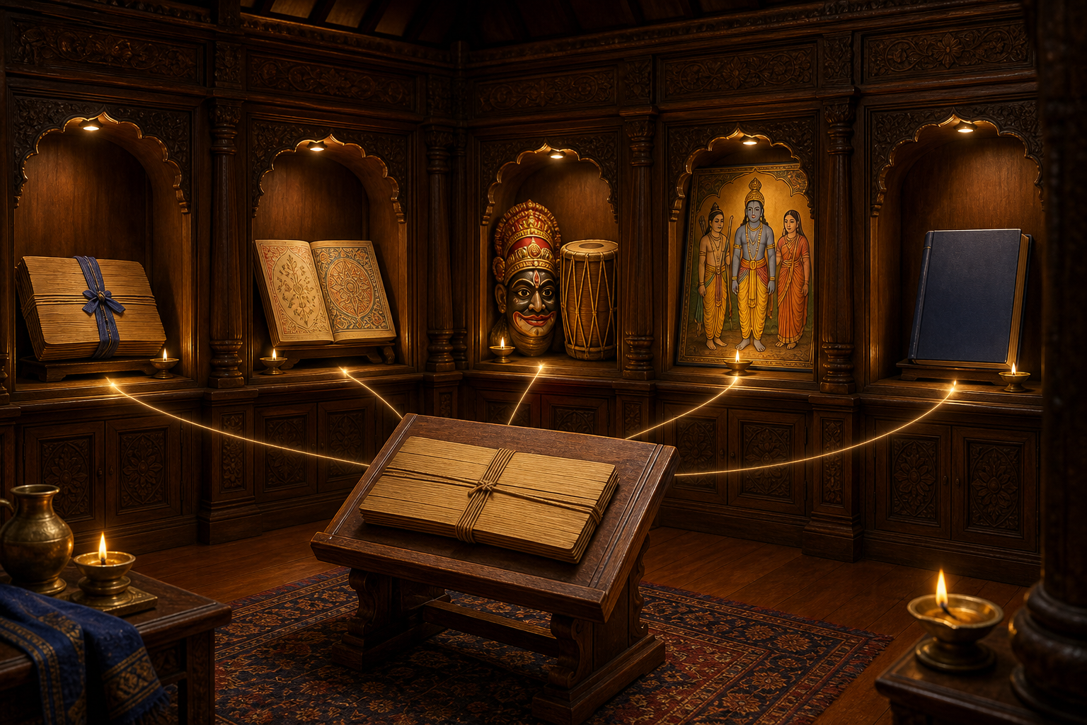 Different manuscript, performance, devotional, and modern book objects occupy separate wooden library alcoves connected by lamplight to a central palm-leaf manuscript.