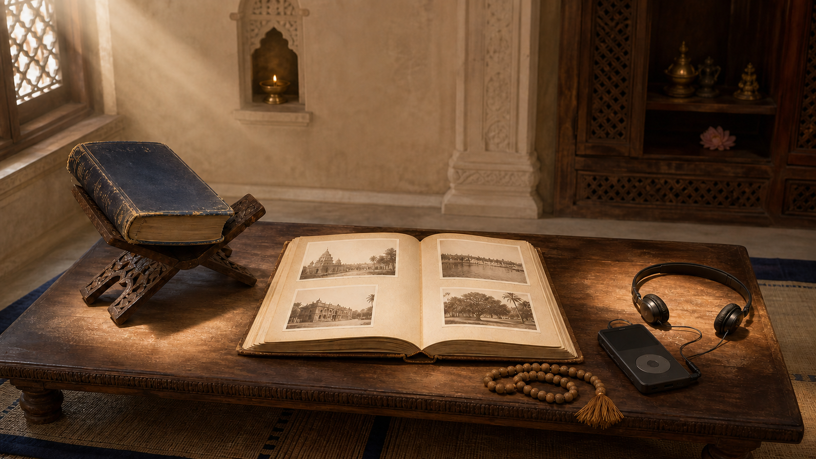 A wooden study table holds a sacred volume, an untitled biographical album, headphones, an audio player, and prayer beads in soft morning light.