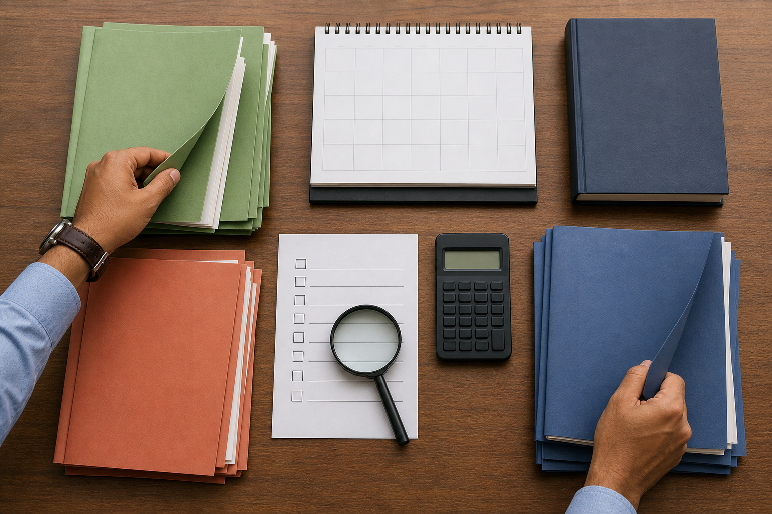 Hands organize several unlabeled folders beside a blank checklist, calendar, magnifying glass, calculator, and law book.