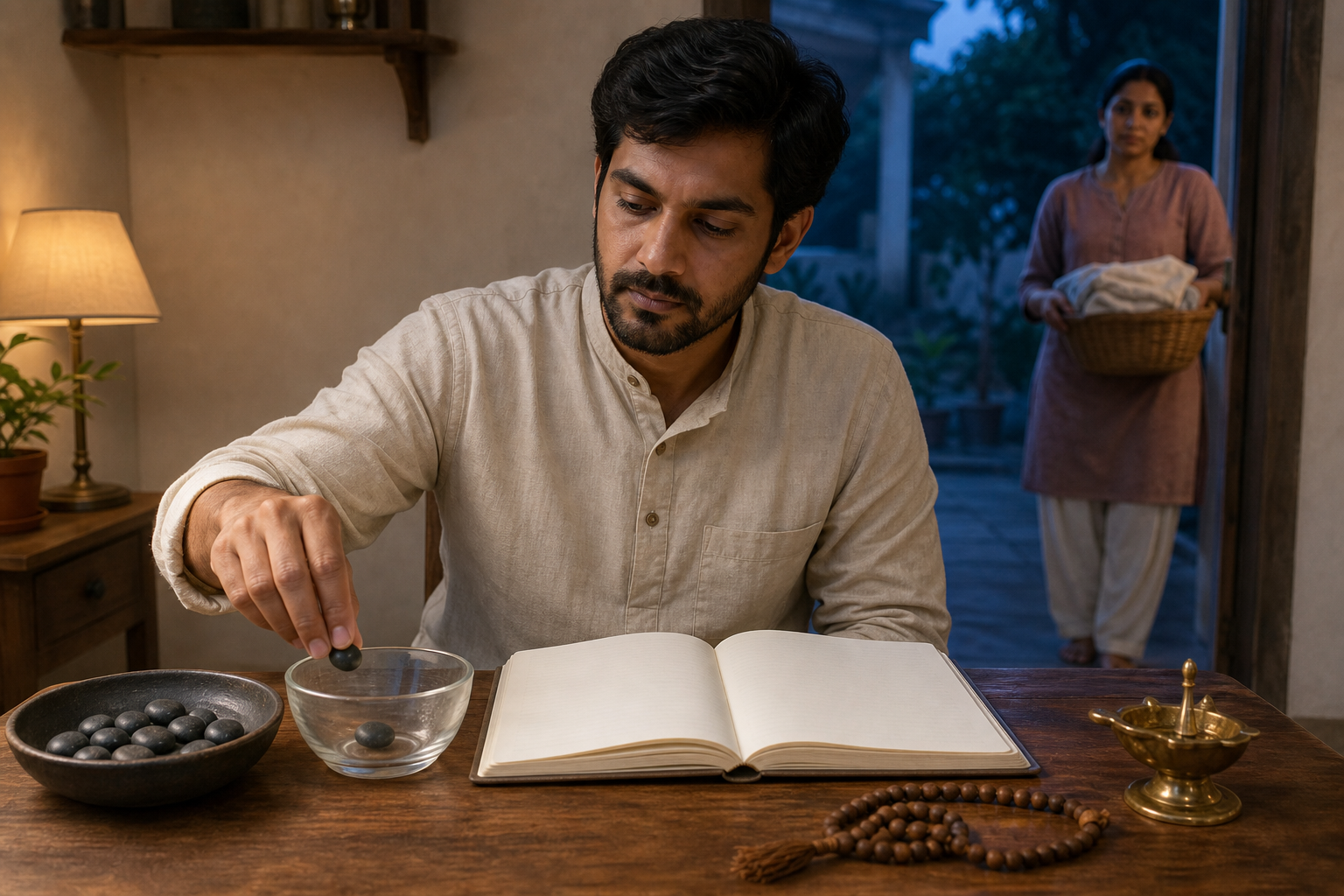 A devotee reflects at a low desk and moves a stone between two bowls while another person waits in the doorway with a household task.
