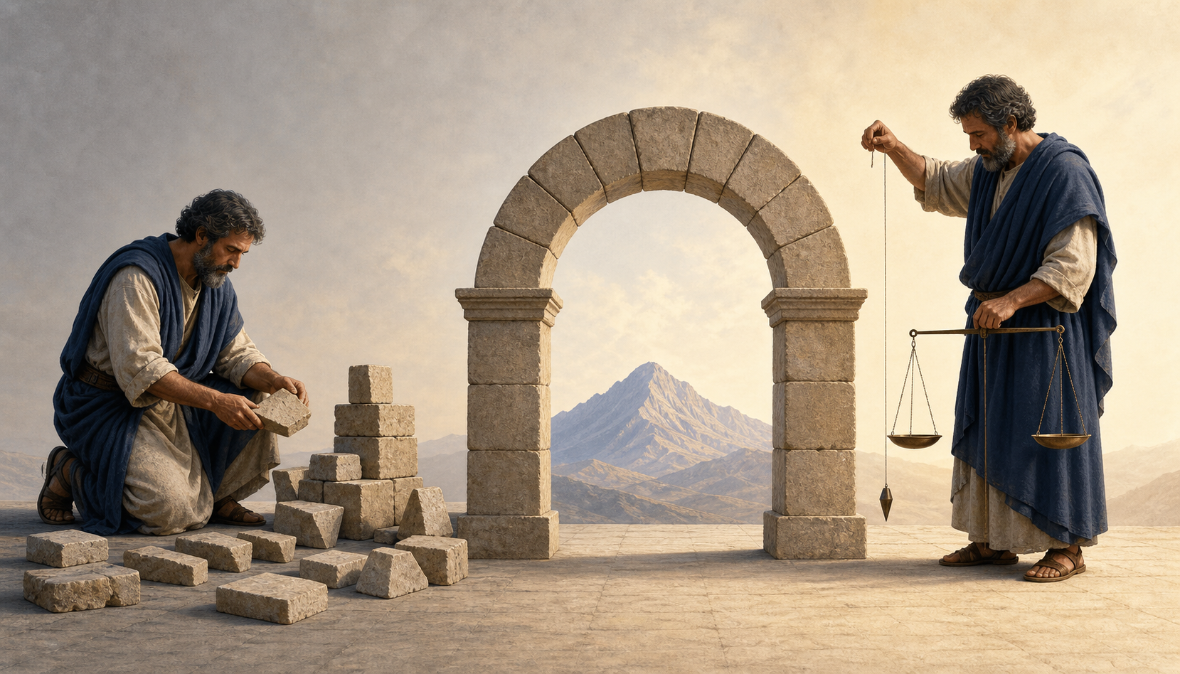 A scholar reconstructs a stone arch from fragments and then tests the completed structure with a plumb line and balance.
