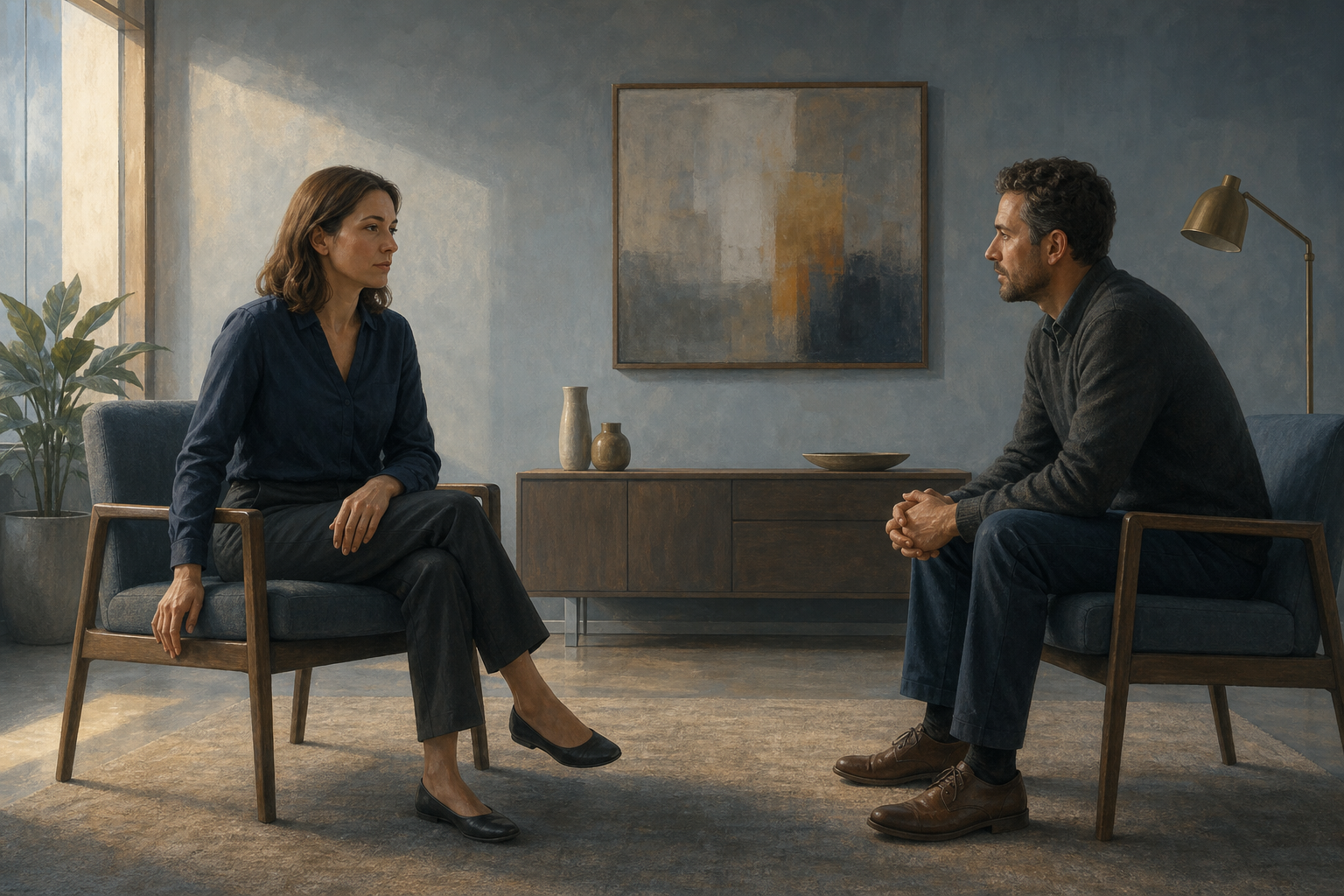 Two adults face each other during a conversation while one pauses with a grounded posture before responding.