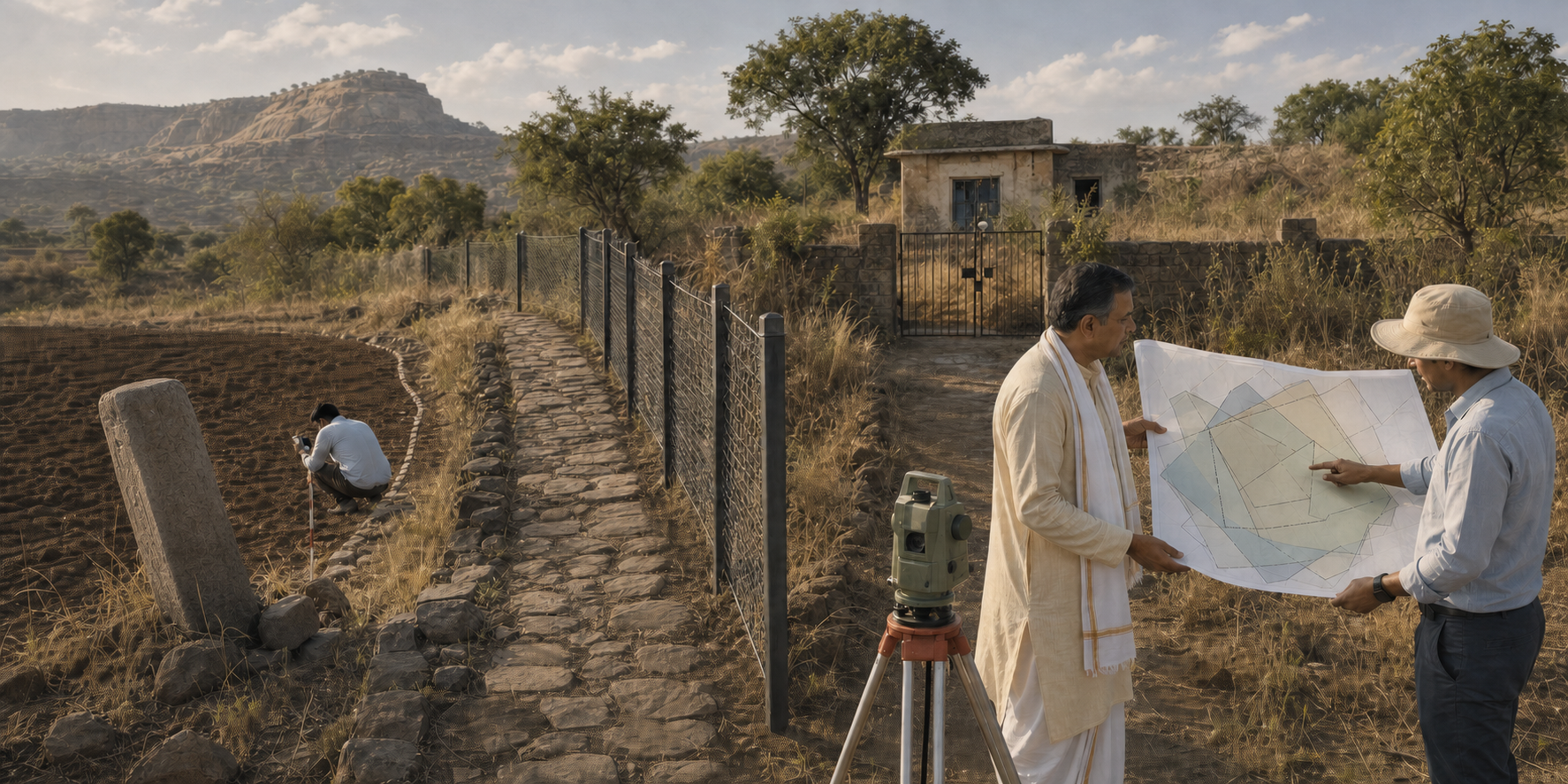 A trustee and surveyor inspect a displaced boundary marker, a narrowed access path, a locked leasehold structure, and mismatched parcel boundaries near a temple property.