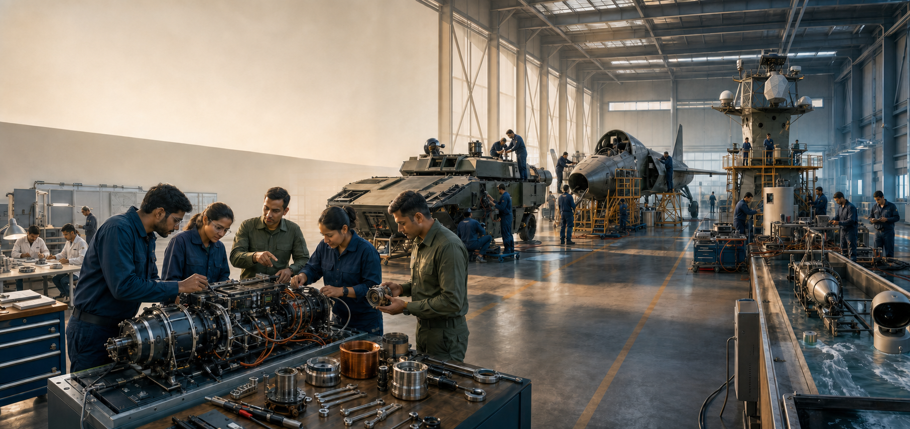 Indian engineers and technical officers integrate modular components into armoured, aerospace and naval systems inside a modern industrial facility.