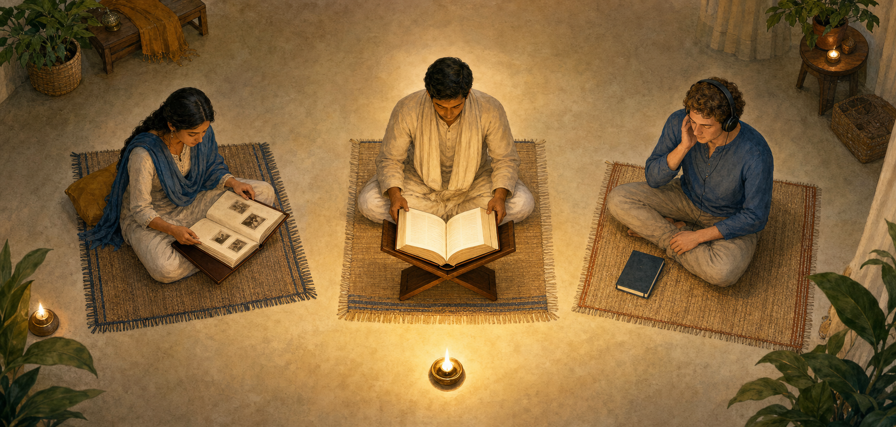 Three devotees separately study an untitled life album, a sacred book on a stand, and a recorded talk through headphones.