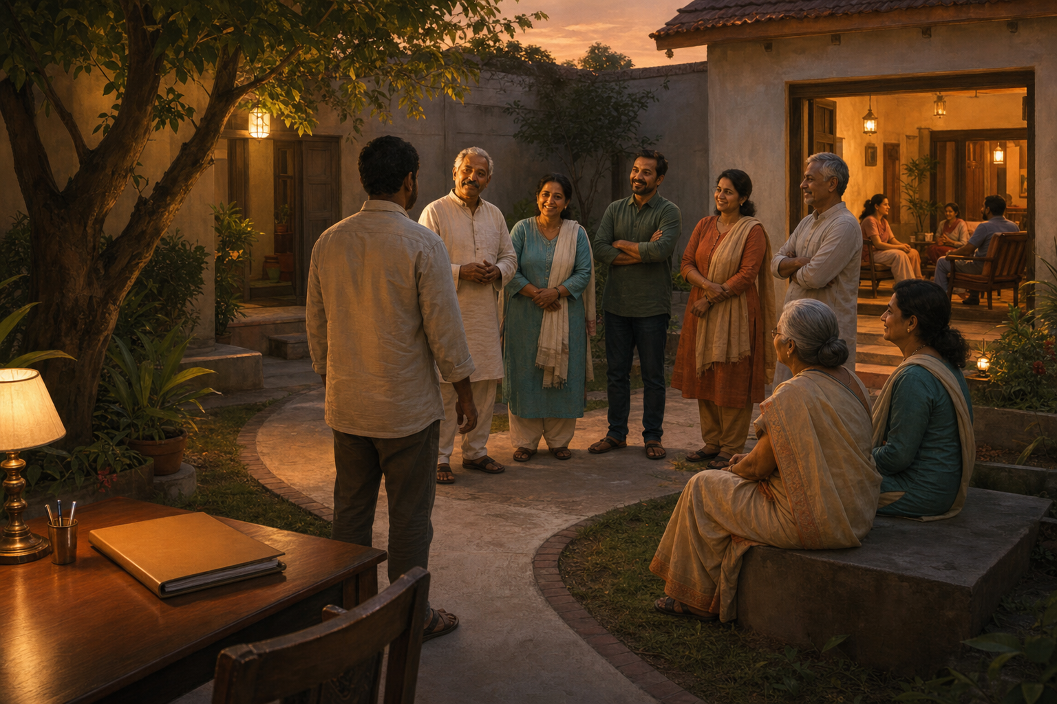 An adult approaches a courtyard gathering beside an open communal doorway and a separate desk holding an unmarked legal file.