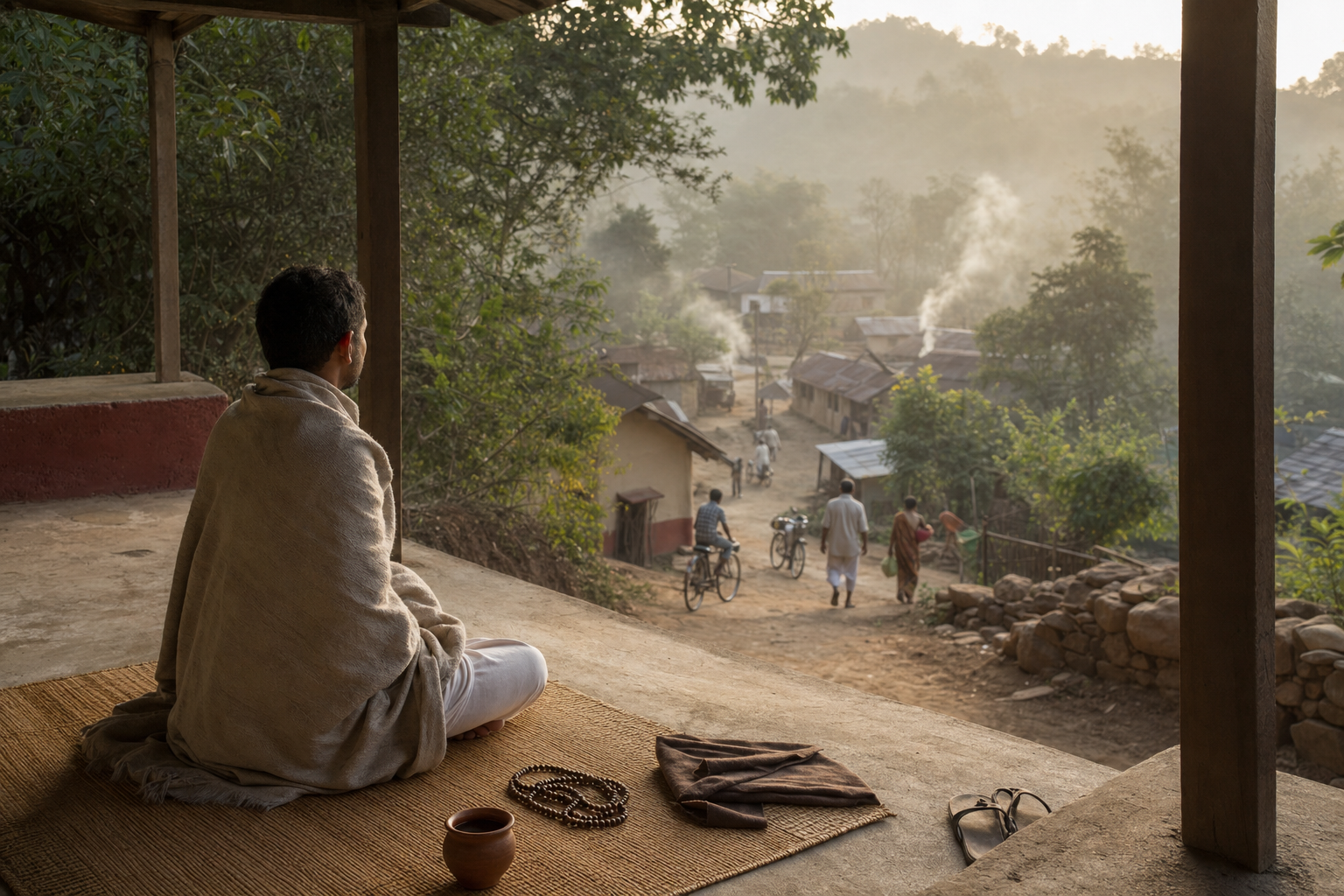 A devotee finishes morning prayer on an ashram veranda overlooking a village where people are beginning their daily work.