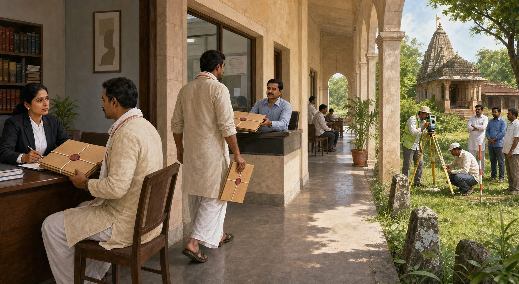 A temple trustee coordinates with a lawyer, a land-record official, surveyors, and community representatives while carrying a secured evidence file.