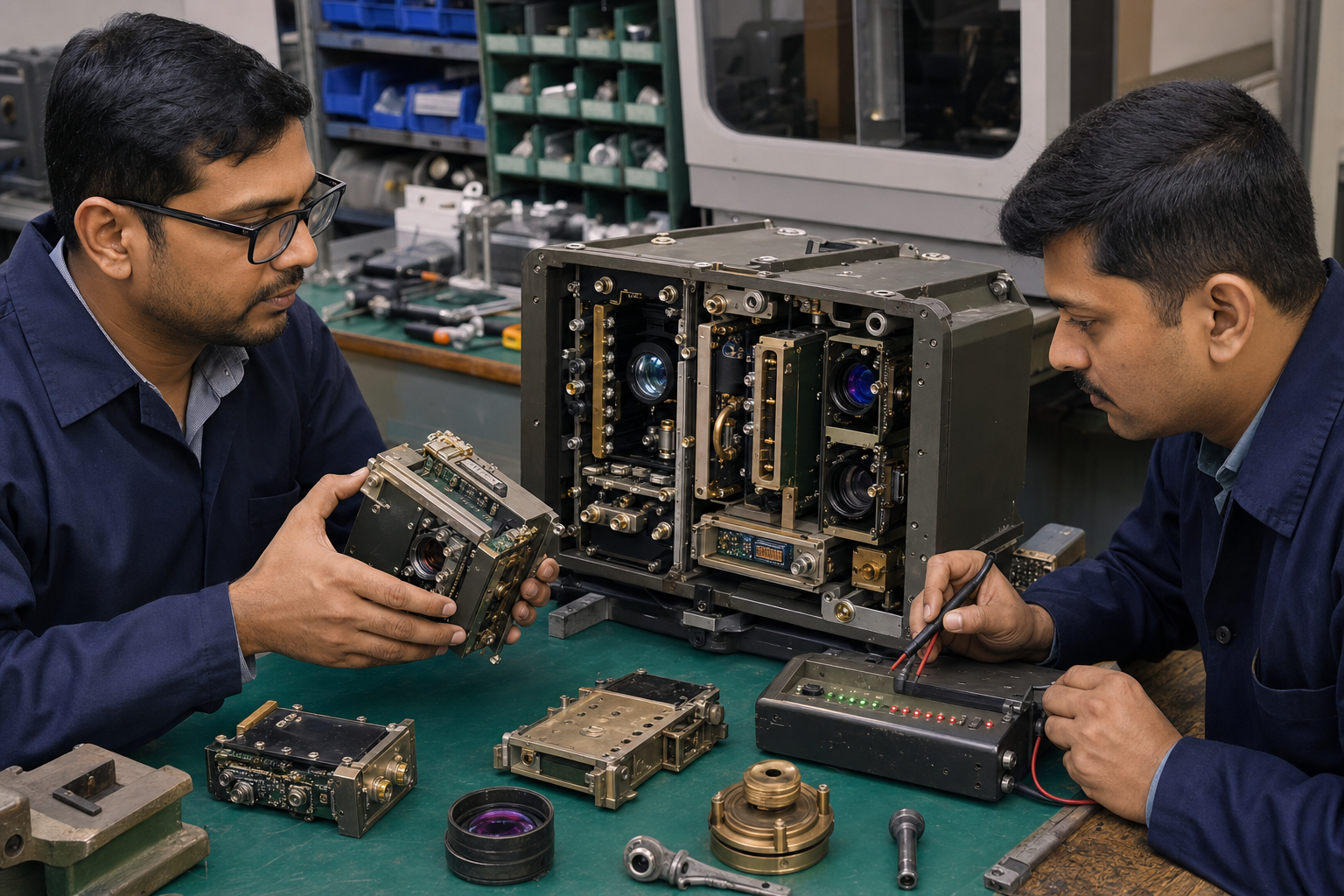 Two Indian engineers inspect an opened modular sensor and communications unit beside locally fabricated replacement components.