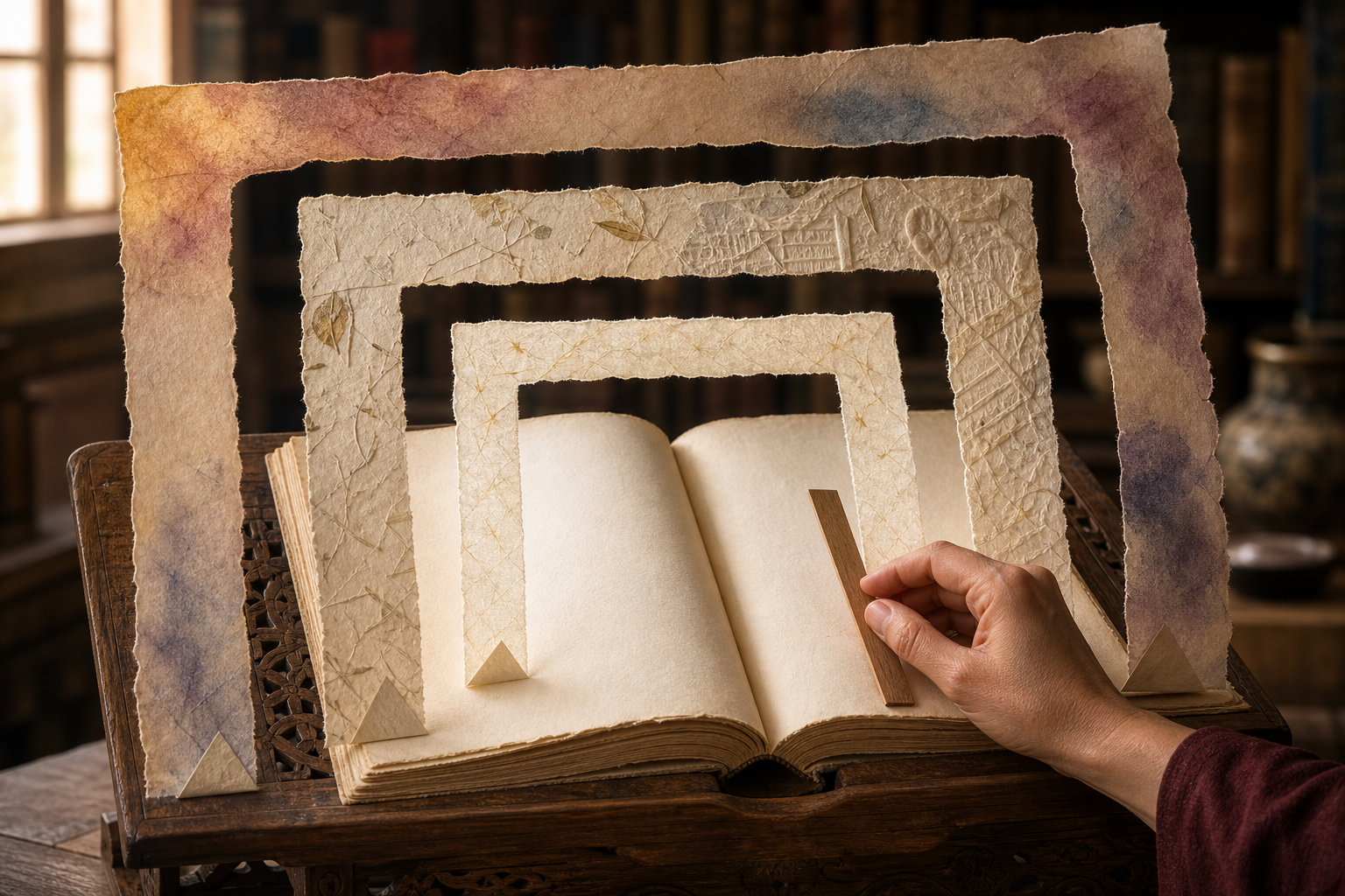 An open blank-paged manuscript is surrounded by three translucent paper layers while a reader's hand pauses beside it.