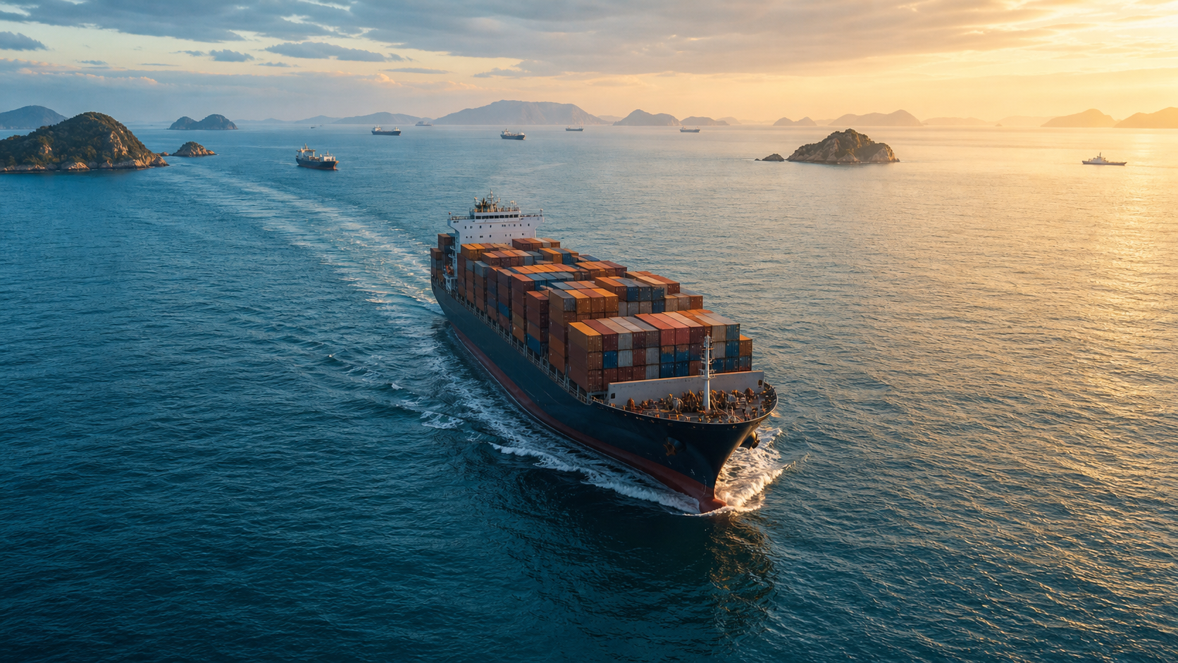 A container ship crosses blue-green waters near tropical islets as other commercial and coast-guard vessels appear in the distance at sunrise.