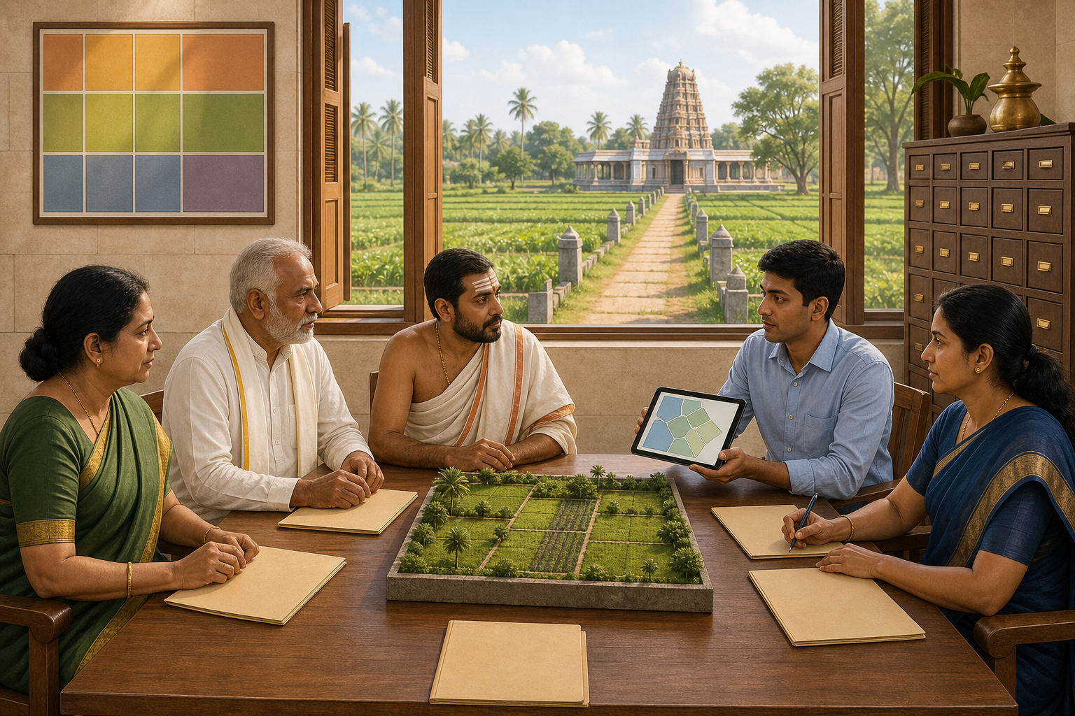 Trustees, an archaka, a records manager, and an auditor review organized land files and an unlabeled parcel model in a records room overlooking protected temple fields.