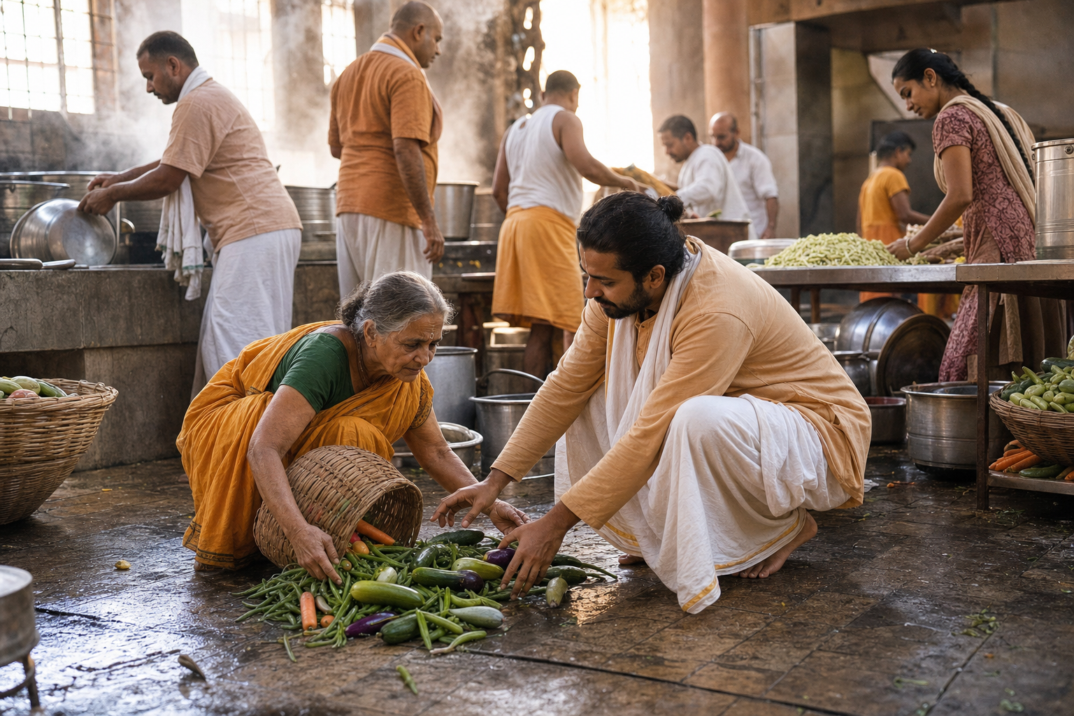 A volunteer calmly helps an older devotee gather spilled vegetables in a busy temple kitchen as others prepare a communal meal.