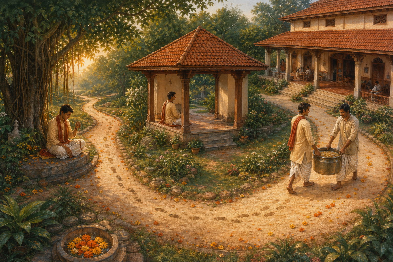 Three moments along a circular garden path show a devotee reflecting, sitting in retreat, and helping another person carry a serving vessel.