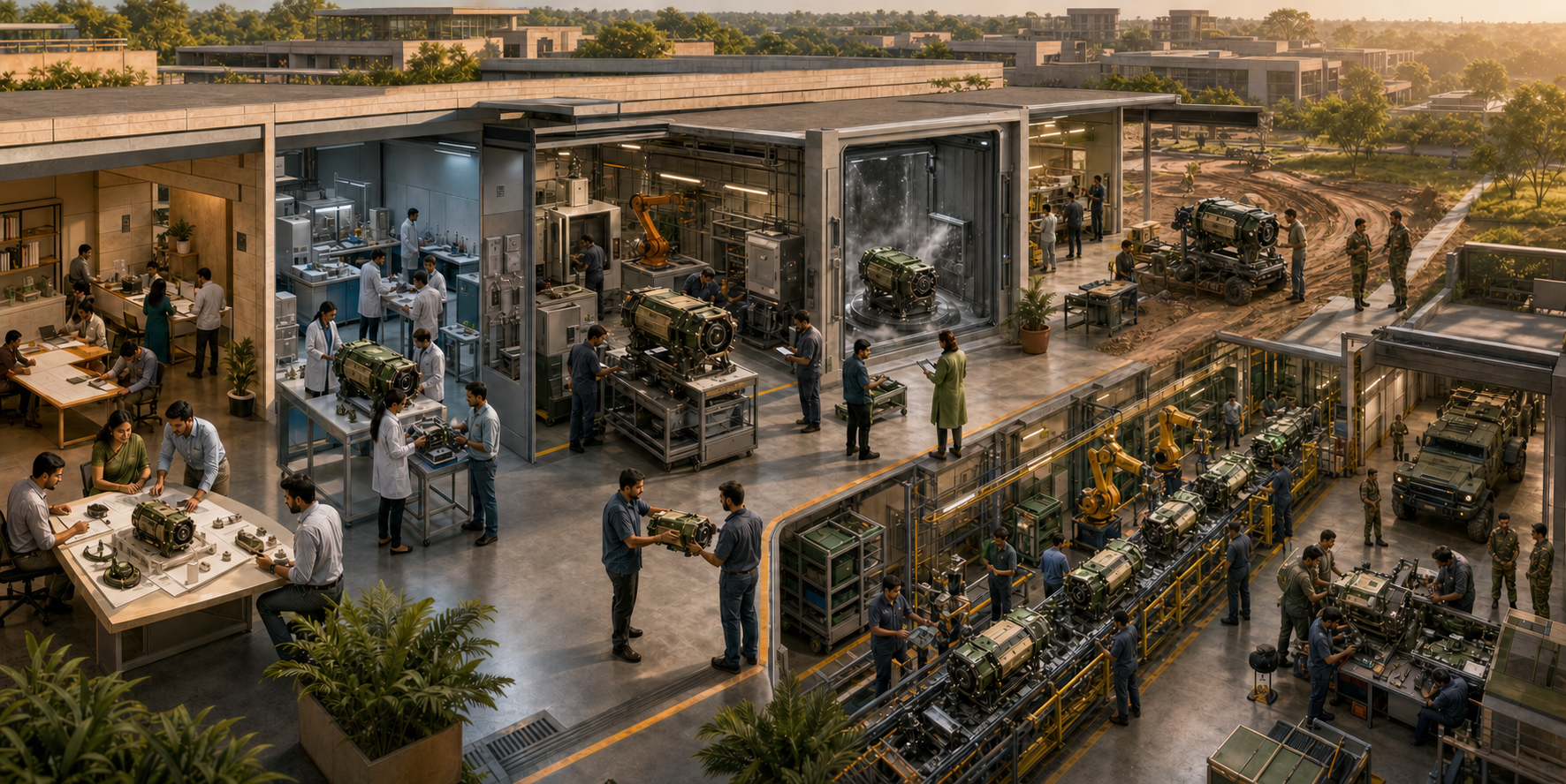 A cutaway view of one connected campus containing defence design, prototyping, testing, production and maintenance teams.
