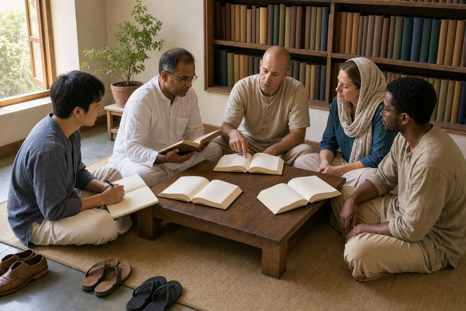 Five adults sit in a circle comparing unmarked books during a calm communal reading session in a sunlit study room.