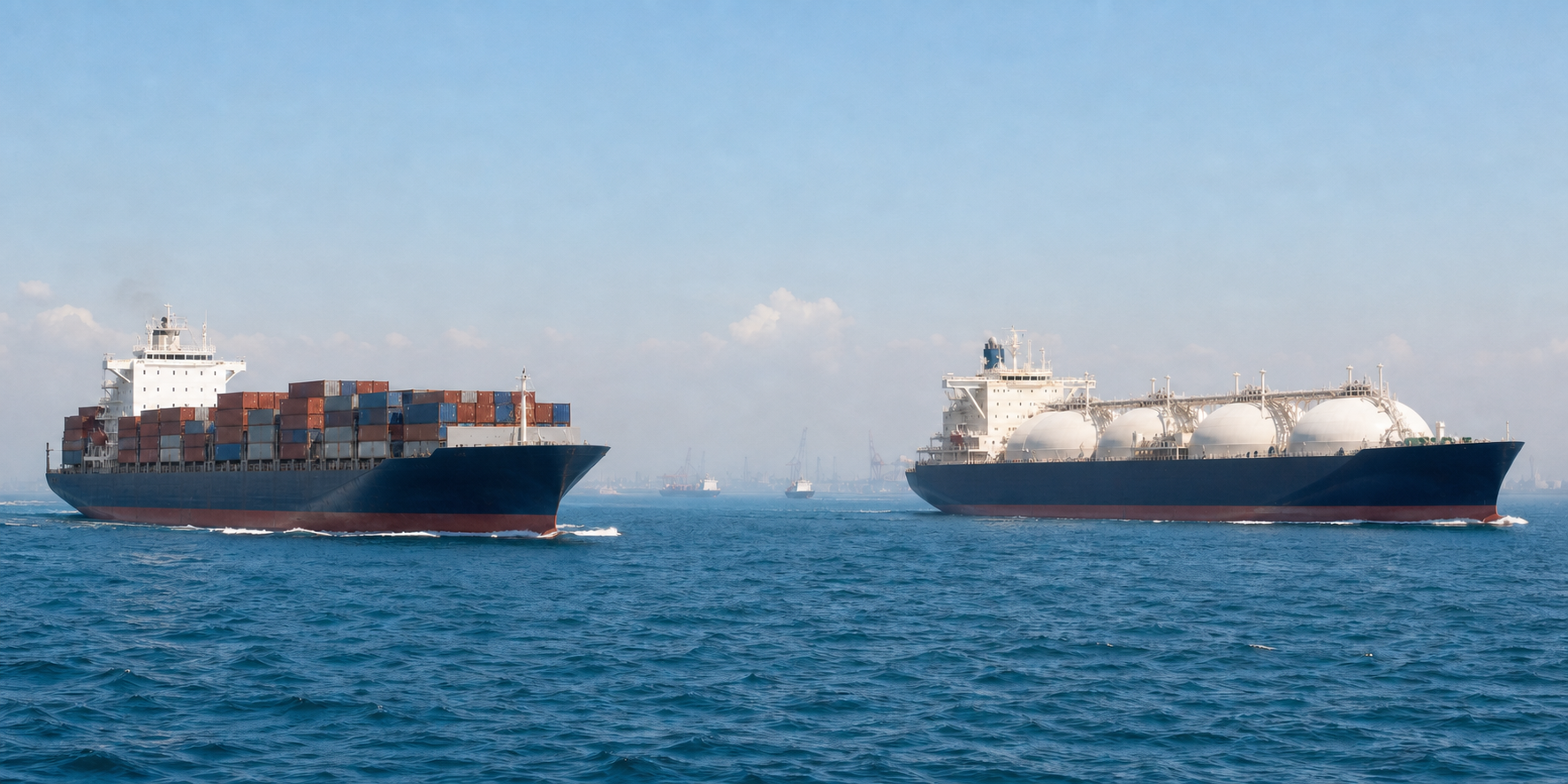 A container vessel and a gas carrier travel through a busy sea lane, with merchant ships and a distant port on the horizon.