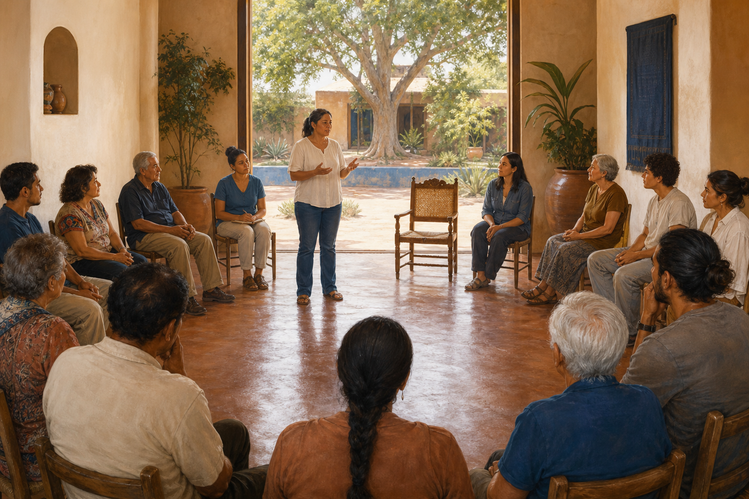 A community member speaks in the center of a circle while people of different ages listen from seats at the same level.