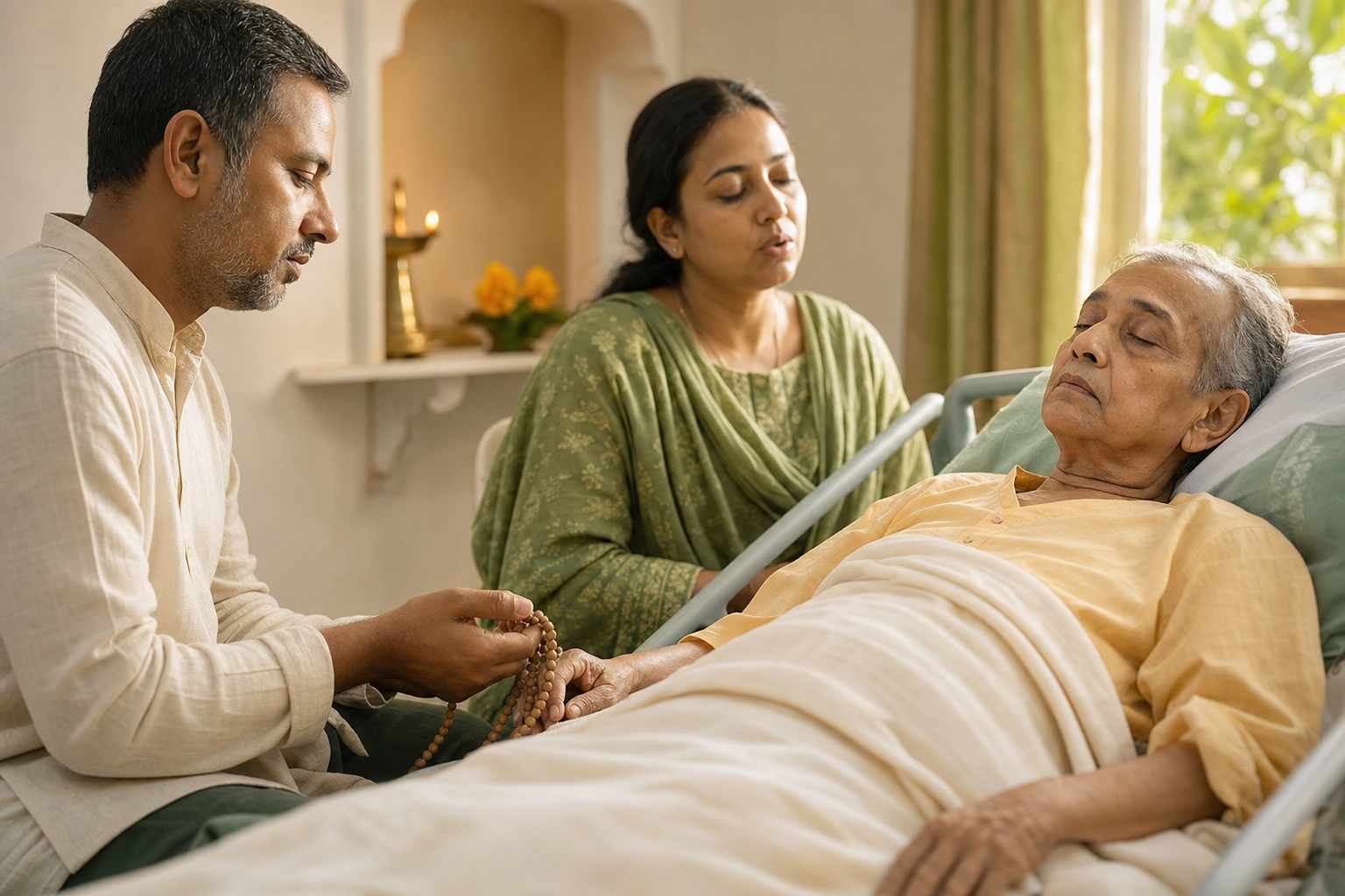 An elderly patient rests in bed while two family members sit nearby, one holding wooden prayer beads, in a softly lit room with flowers and an oil lamp.
