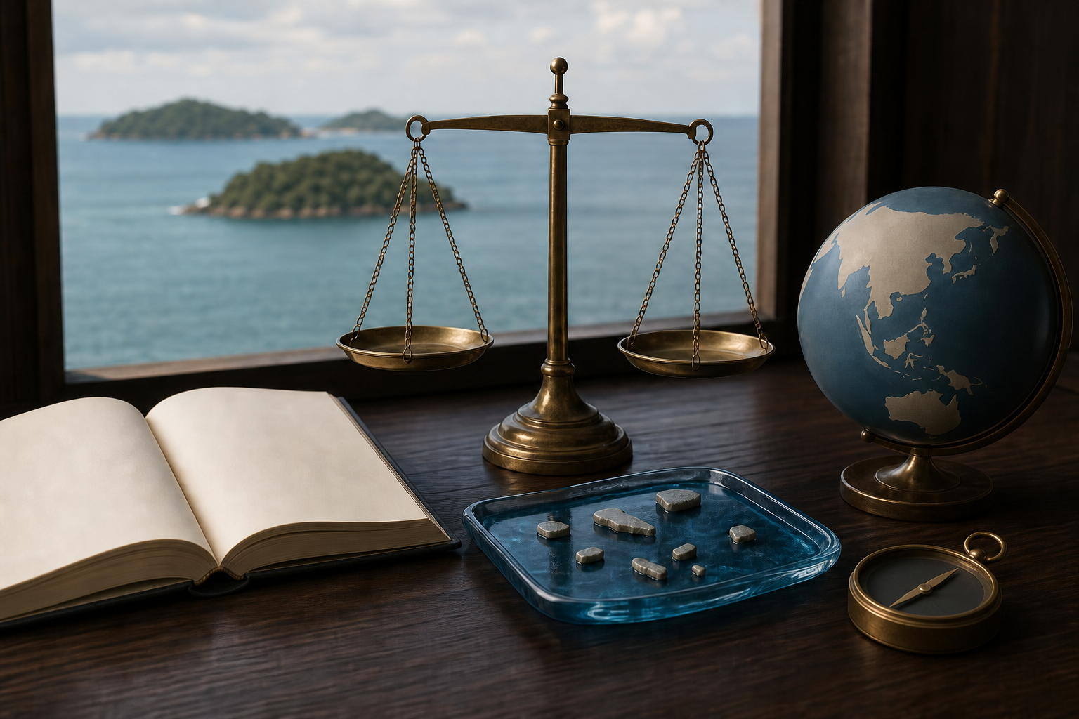 Balanced brass scales, a blank open legal volume, a compass and small island models sit on a desk overlooking the sea.