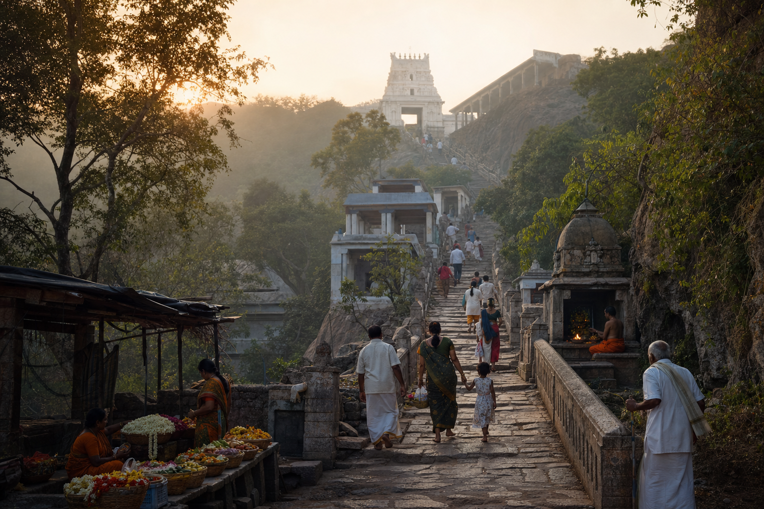 Pilgrims climb granite steps through a wooded rocky hill toward a South Indian temple at dawn, passing a wayside shrine and small offering stalls.