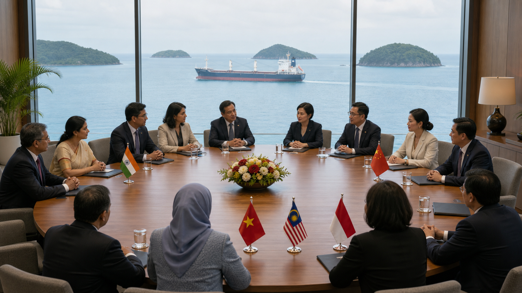 Indian, Chinese and Southeast Asian delegates hold a measured meeting in a conference room overlooking a merchant ship at sea.