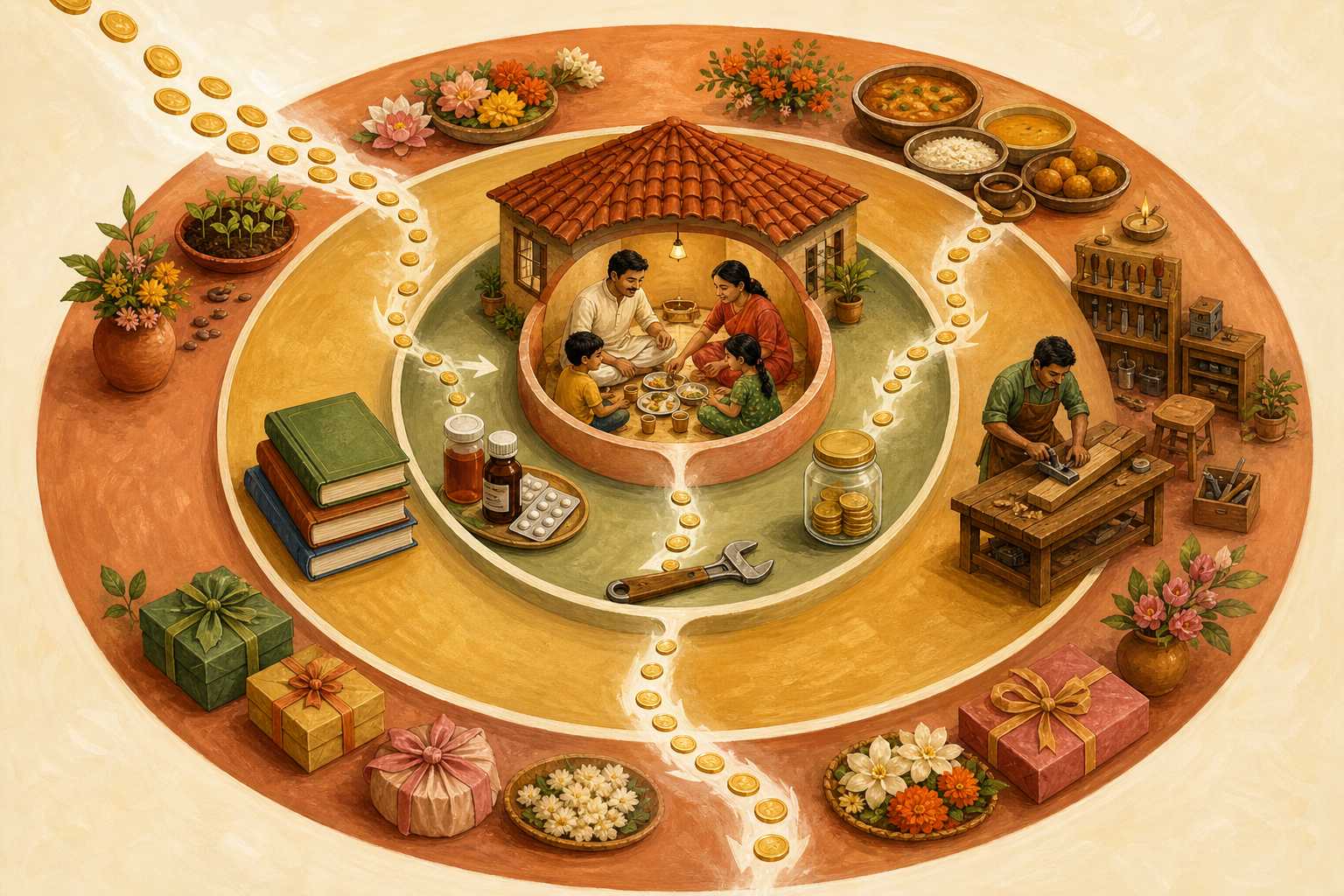 Four nested rings place a family's food and shelter at the center, followed by savings, productive tools, and symbols of generosity and enjoyment.