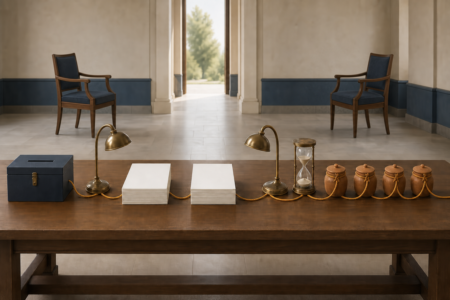A submission box, blank papers, lamps, an hourglass, sealed containers, and two facing chairs are arranged in an orderly sequence on a wooden table.