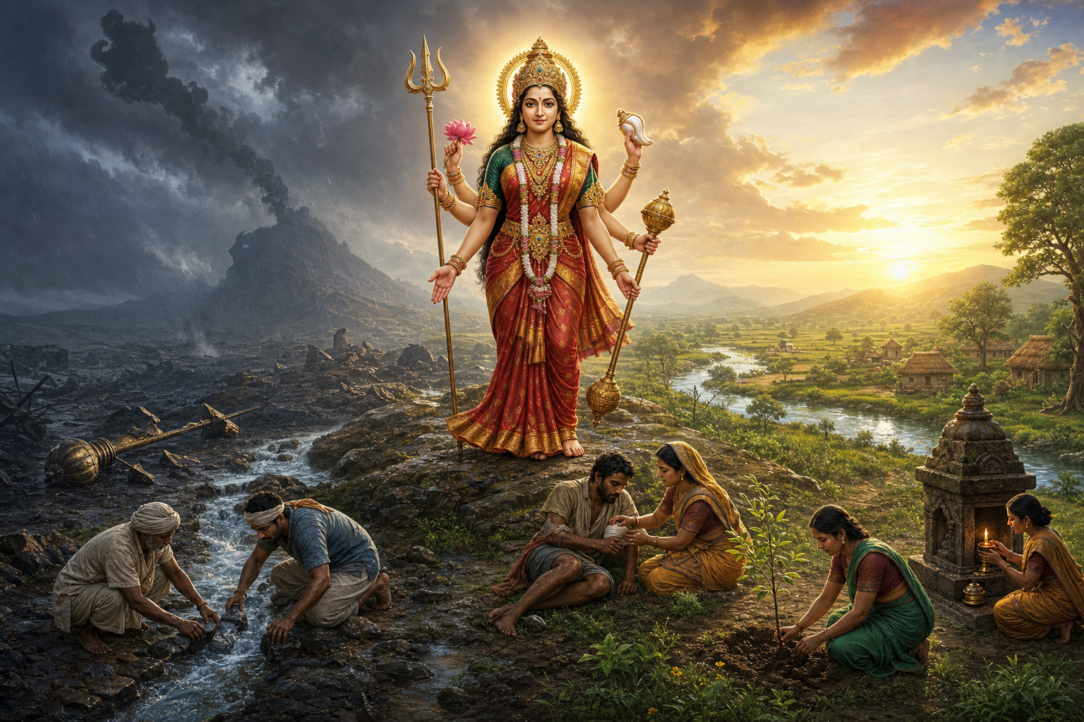 The Divine Mother raises a reassuring hand as villagers repair a water channel, help a neighbor, and replant a tree after a storm.