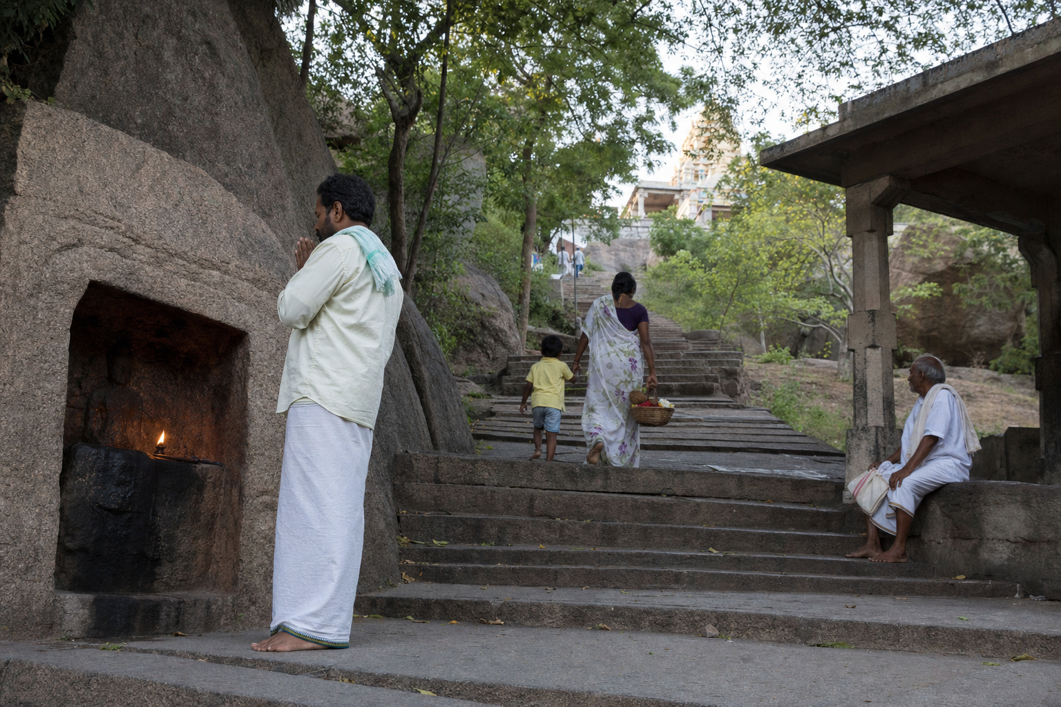 Pilgrims pause to pray and rest beside a small lamp-lit shrine while climbing stone steps on a wooded temple hill.