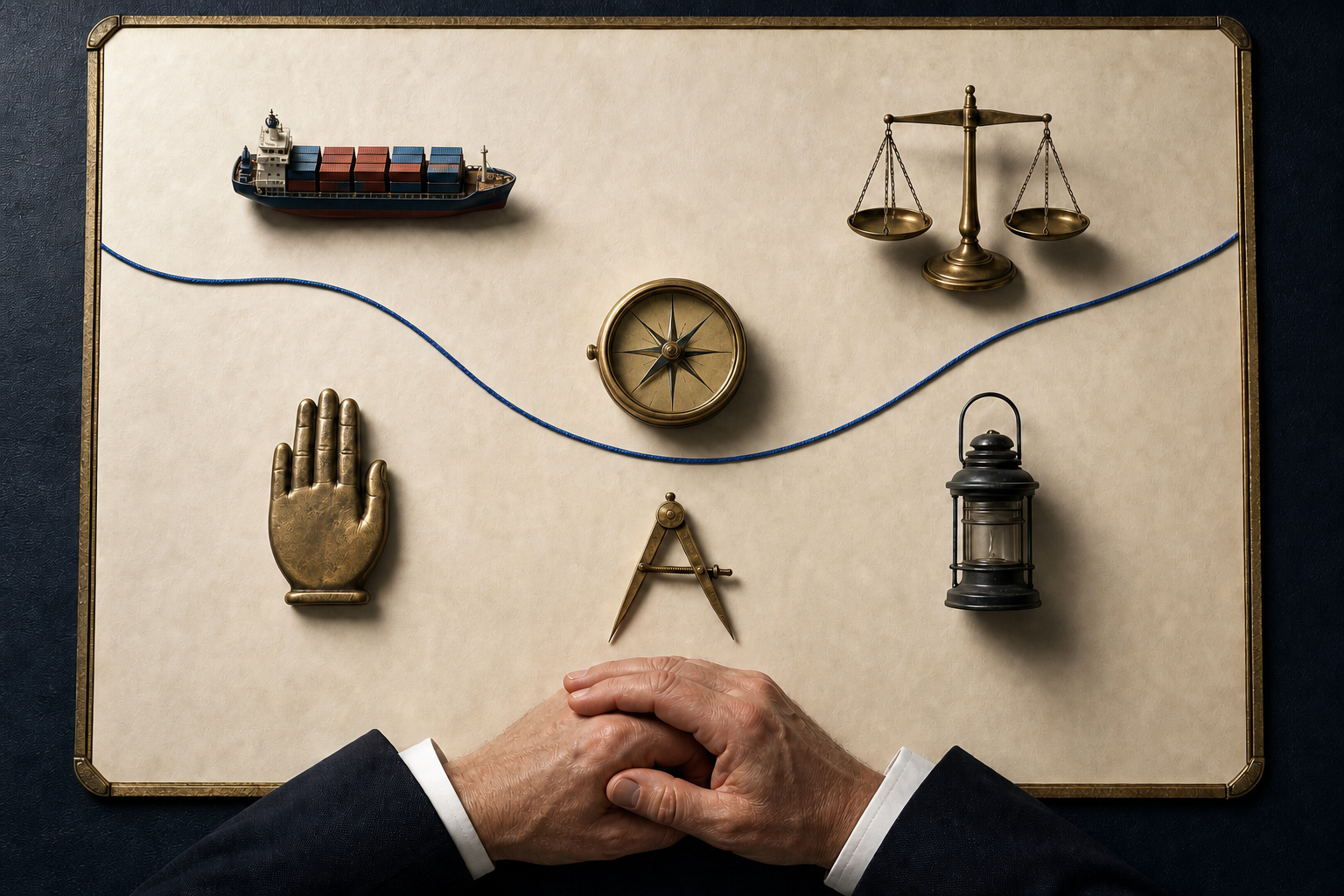 Five maritime and diplomatic symbols are arranged around a compass and route cord on an unlabeled planning surface.