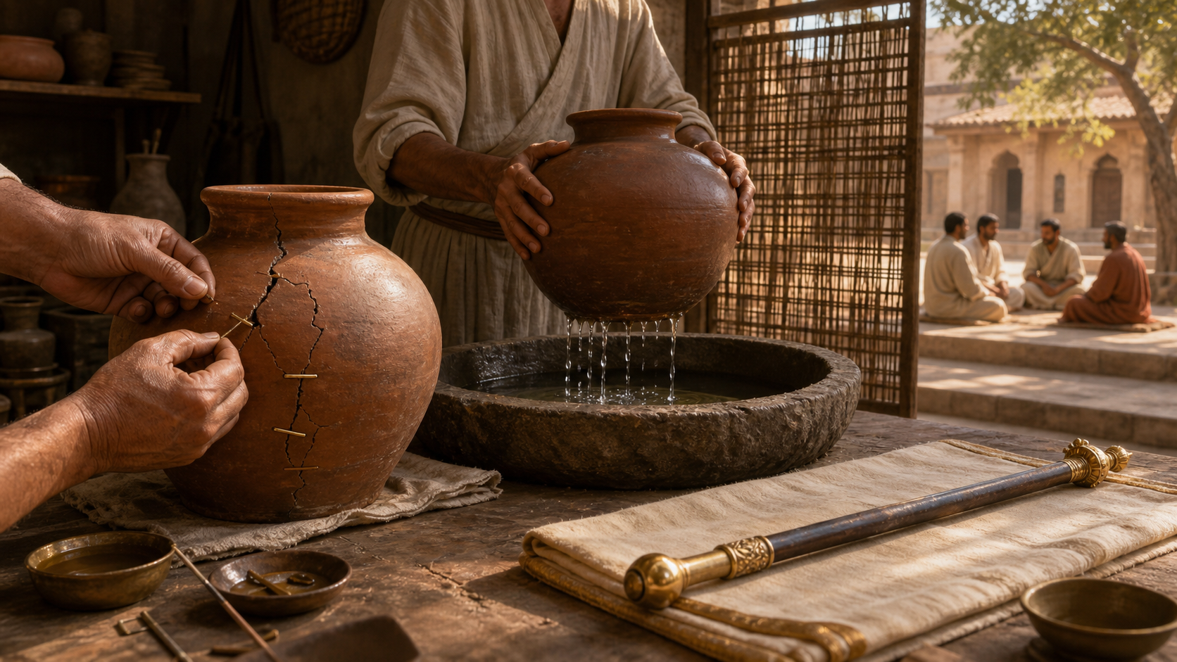 Hands repair one cracked clay vessel while another vessel is tested over a basin, with a ceremonial staff resting unused nearby.