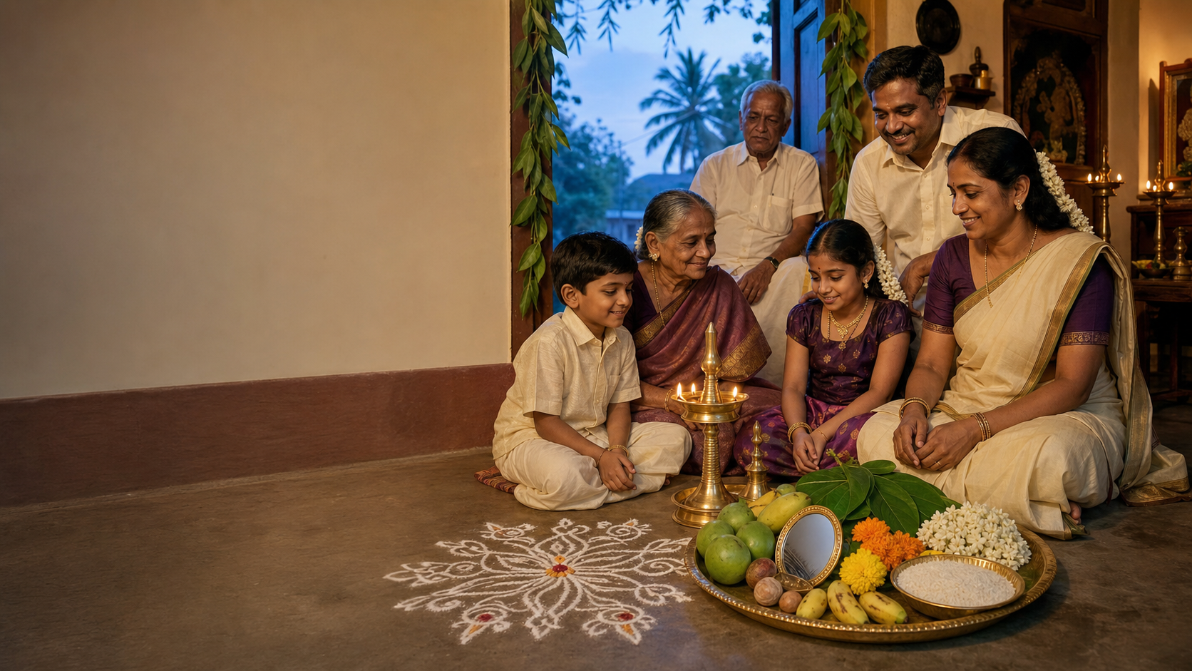 A multigenerational Tamil family gathers at dawn beside a kolam, brass lamp, flowers, fruits, and other New Year offerings.