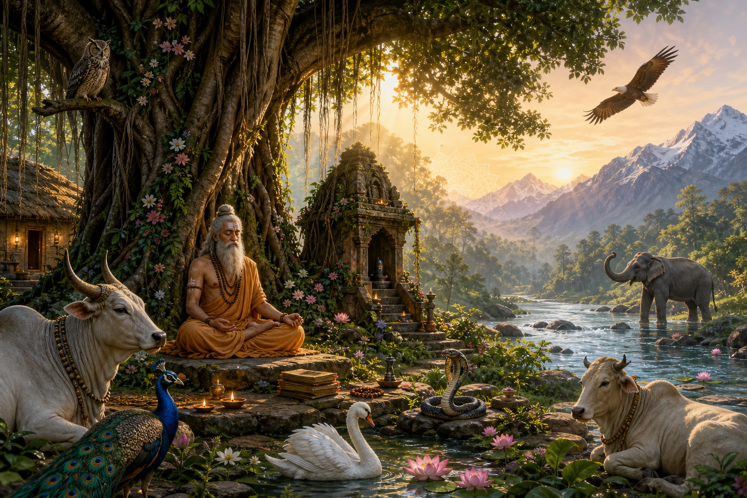 Meditating Hindu sage beneath a banyan tree in a sacred forest with peaceful animals, river, shrine, and Himalayan mountains at sunrise