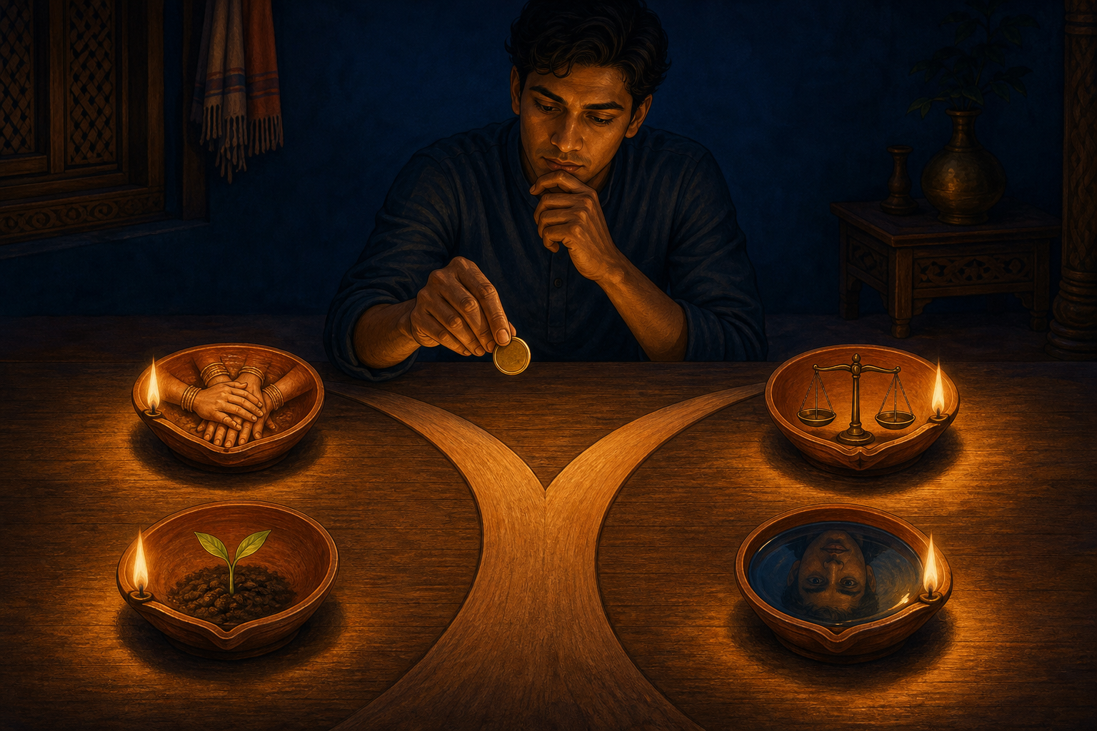 A person considers where to place a coin while four oil lamps illuminate symbols of duty, fairness, long-term consequences, and self-reflection.