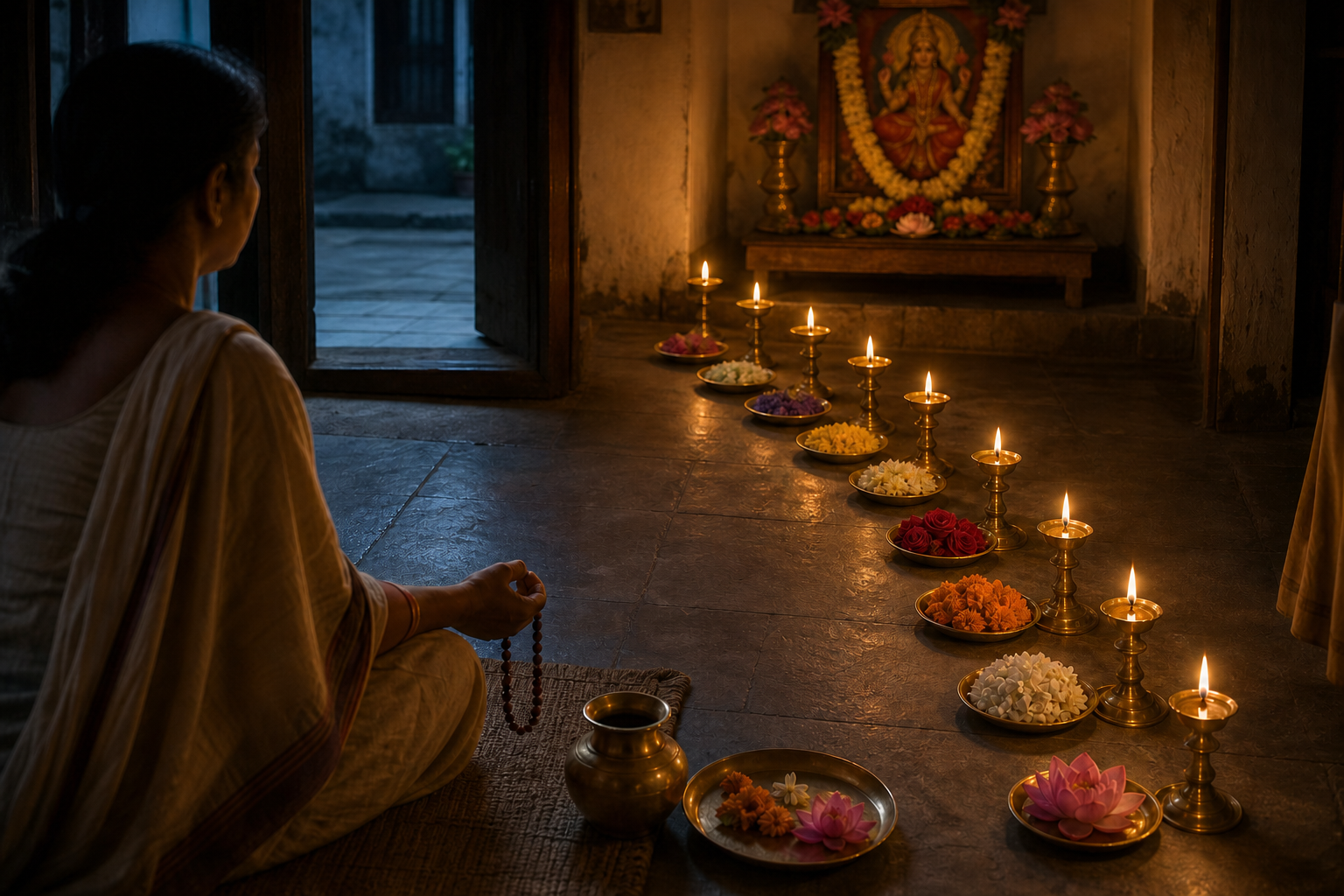 A devotee meditates before a home altar surrounded by nine arranged oil lamps and flower offerings.