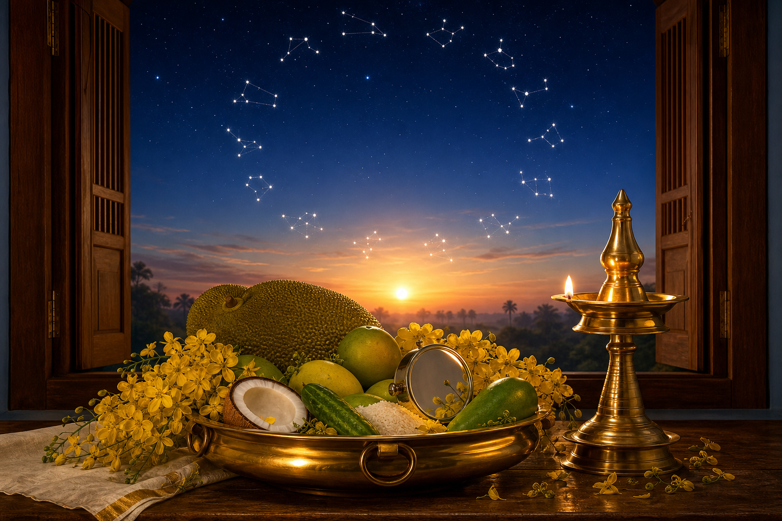 A Vishu kani arrangement with golden flowers, fruits, rice, a brass mirror and a lit oil lamp beneath a circular pattern of stars at dawn.