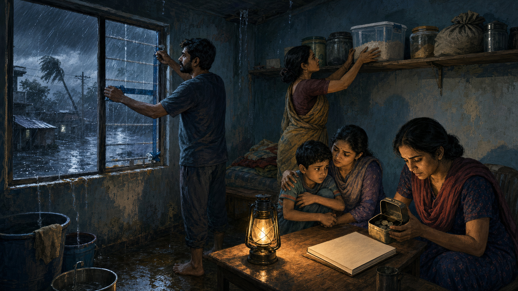 A family protects provisions, repairs a leaking window, and comforts a child inside a modest home during a severe monsoon.