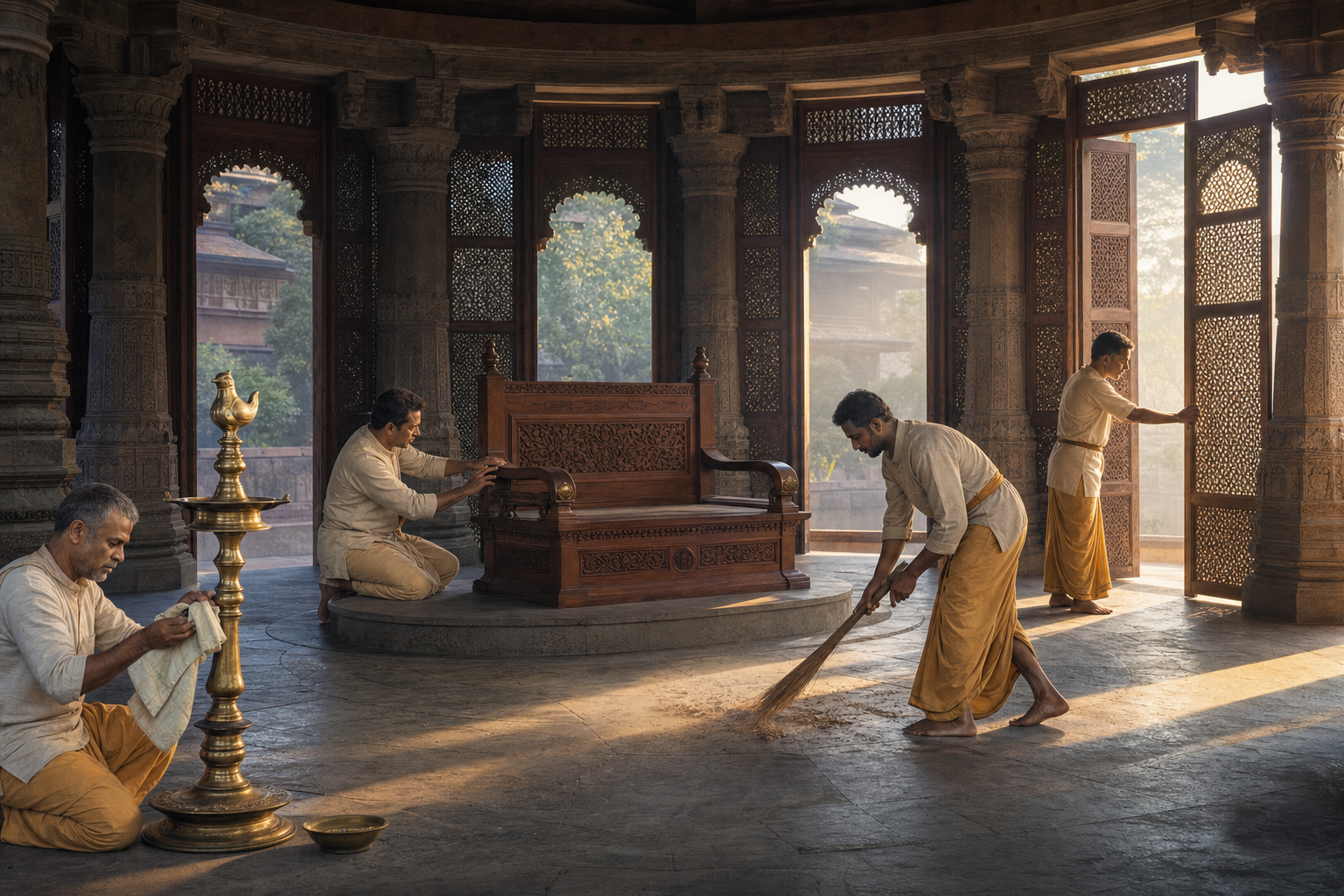 Caretakers clean a lamp, inspect an empty ceremonial seat, sweep the floor, and open the screens of a stone pavilion at dawn.