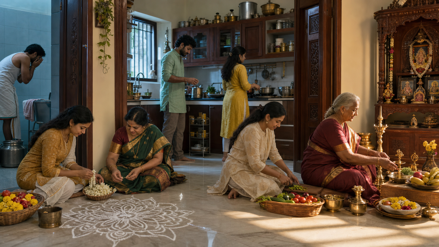 A Tamil household prepares food, flowers, a kolam, and ritual vessels as morning light moves toward the prayer area.