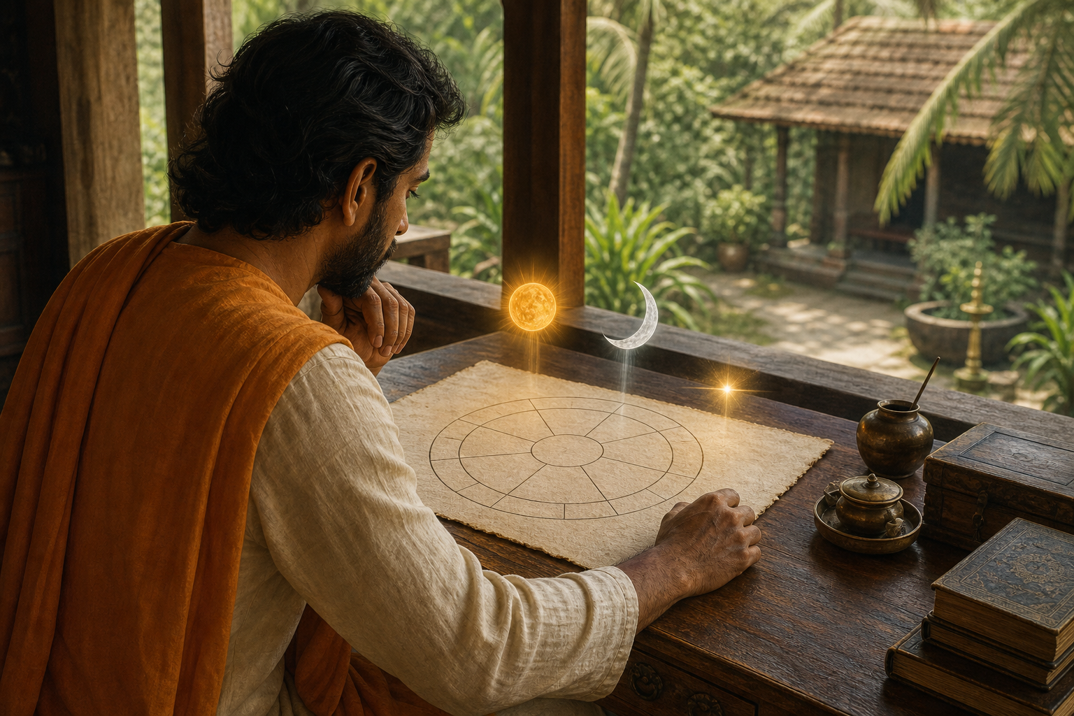 A person studies an unlabeled circular astrology diagram while symbolic sun, moon and horizon motifs appear above the page.