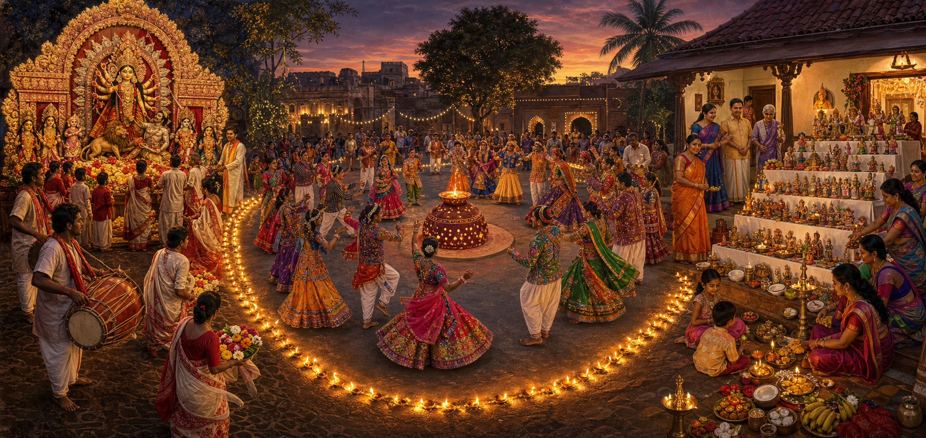 A panoramic scene shows a Durga festival gathering, a garba circle around a lamp, and a household stepped doll display in three Indian regions.