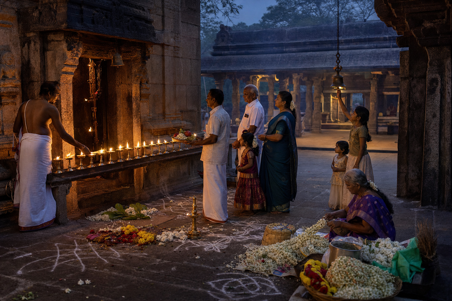 A priest lights brass lamps as devotees wait with offerings and a flower seller prepares garlands in a stone temple courtyard at dusk.